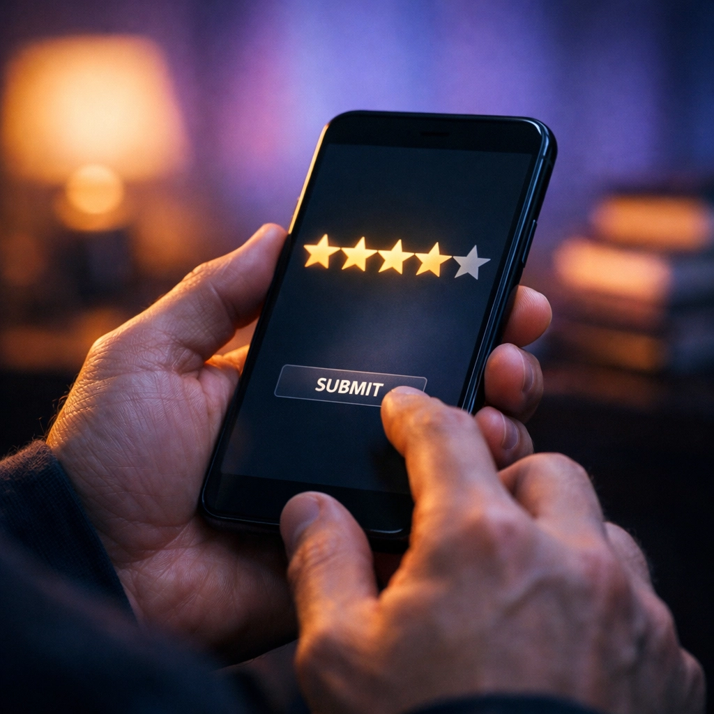 Close-up of a reader selecting a four-star rating for an MM romance novel on a mobile phone.