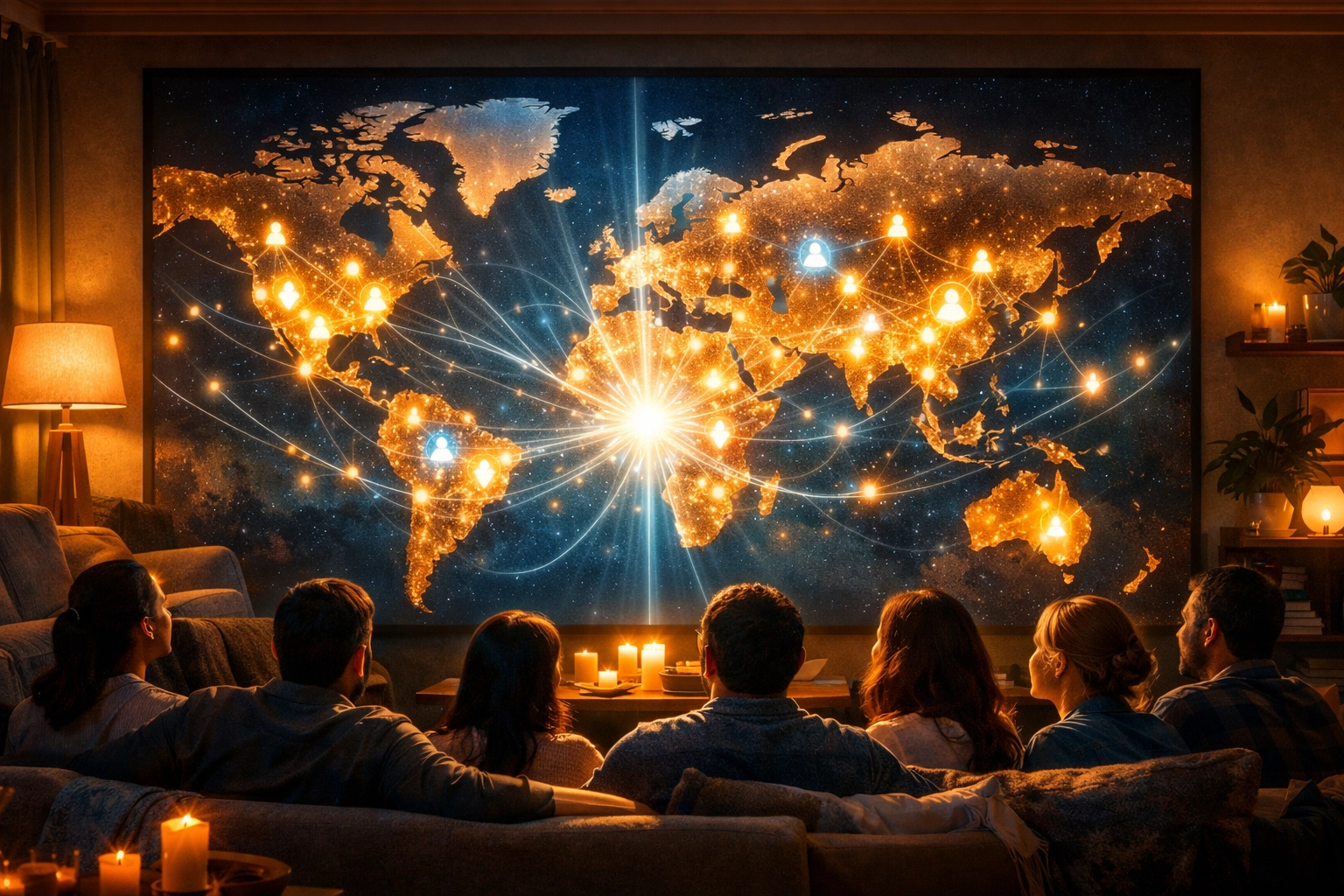 A glowing world map representing the global community and online church connections at Boundless.