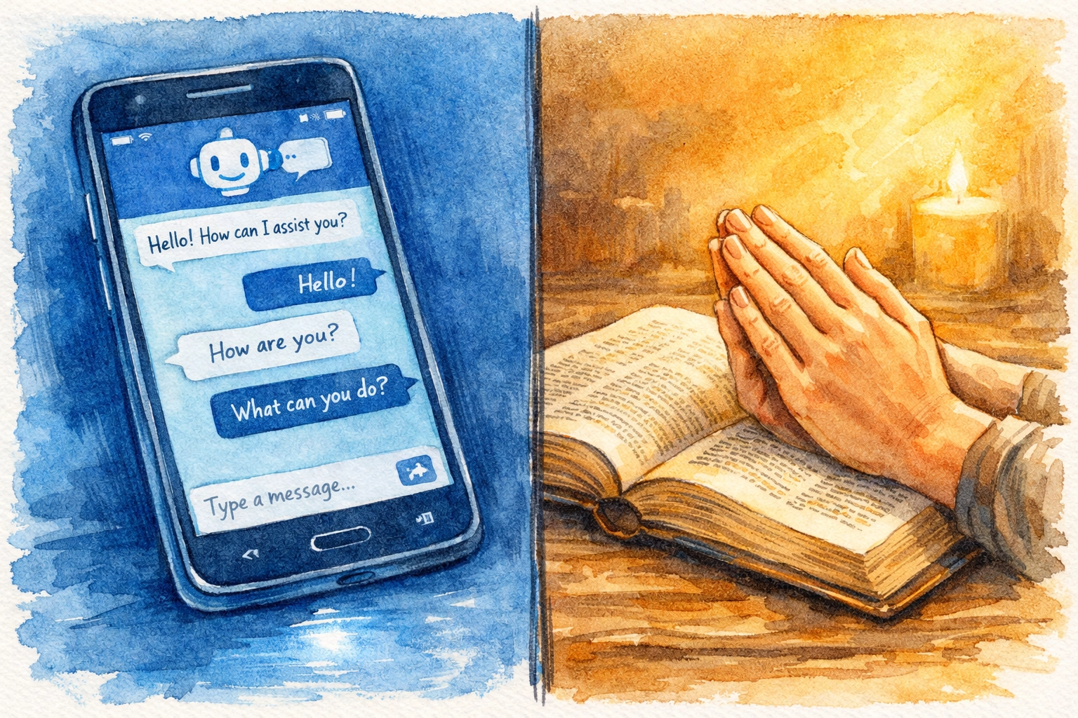 Smartphone chatbot compared to hands praying over Bible showing real faith versus artificial spirituality