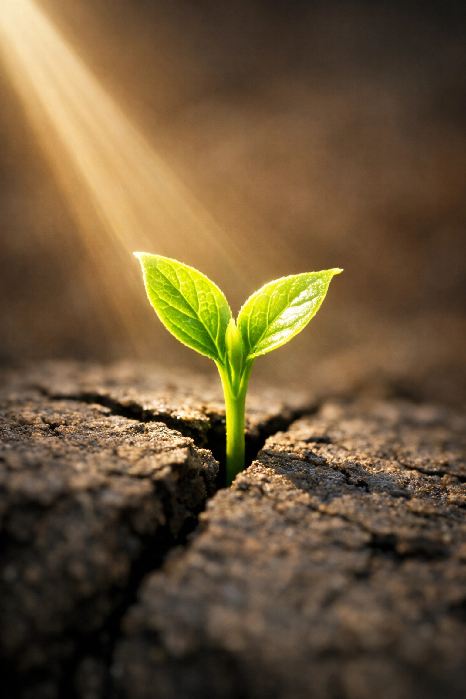A green sprout growing through cracked soil, symbolizing the beauty of healing and personal transformation.