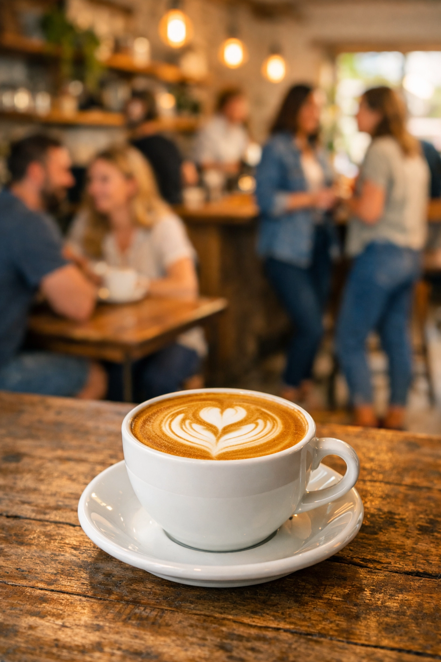 A flat white with latte art in a bustling cafe during a successful coffee shop launch.