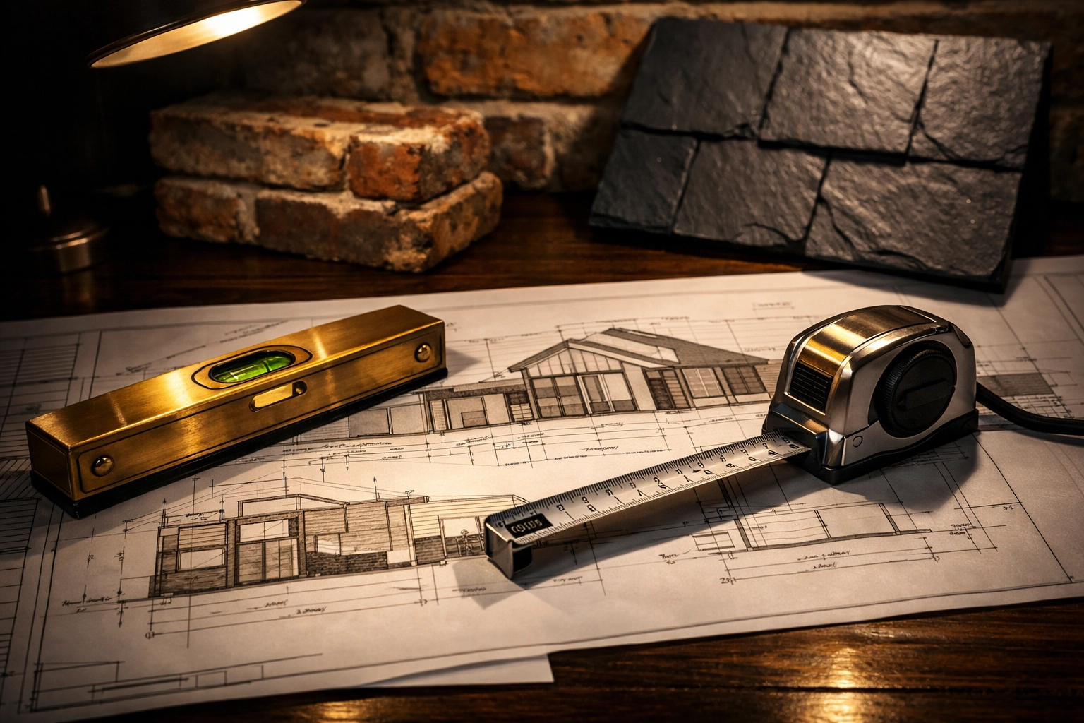 Detailed architectural blueprints and construction tools on a desk for an itemized house extension quote.