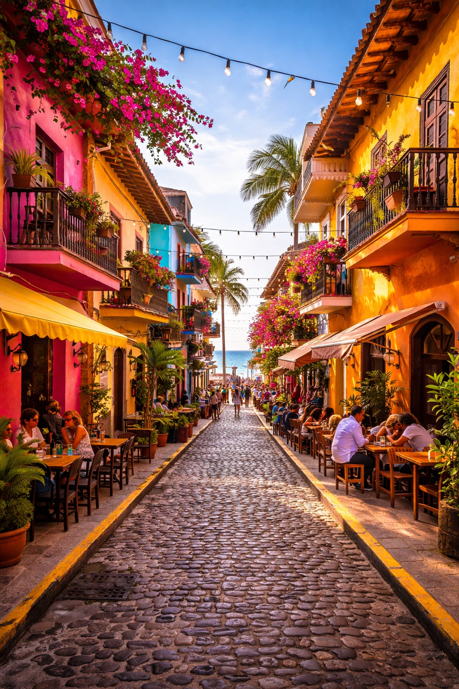Cobblestone street in Zona Romántica, Puerto Vallarta, with colorful buildings, cafes, and a distant ocean view