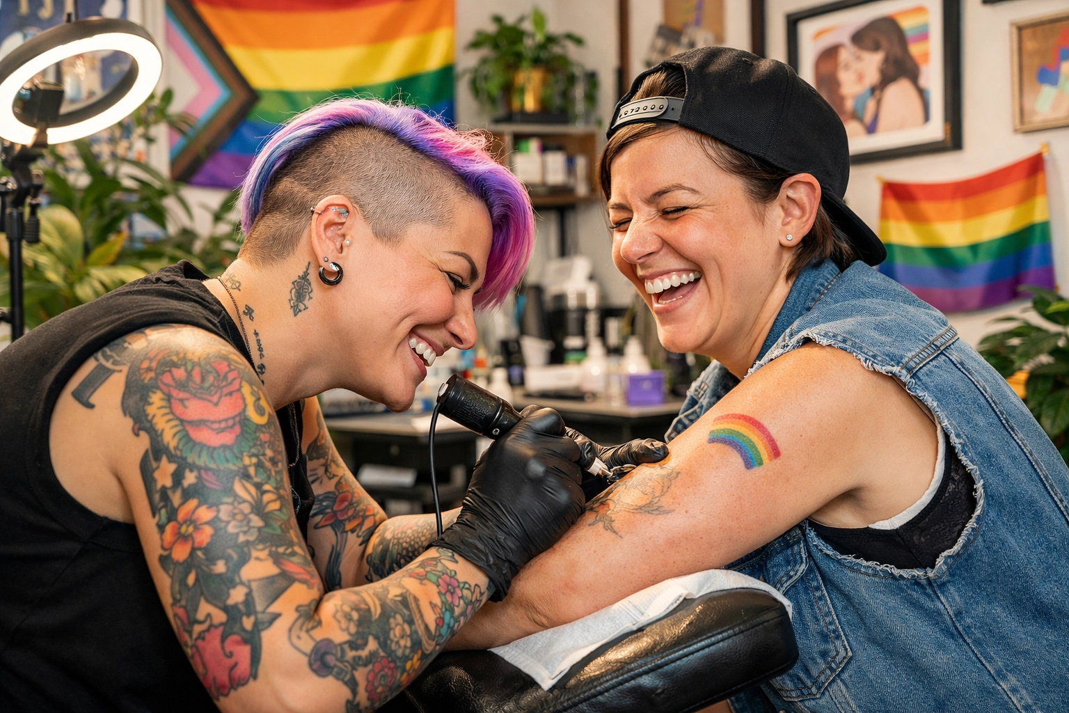 A queer tattoo artist in an affirming studio tattooing a smiling lesbian client near pride flags.