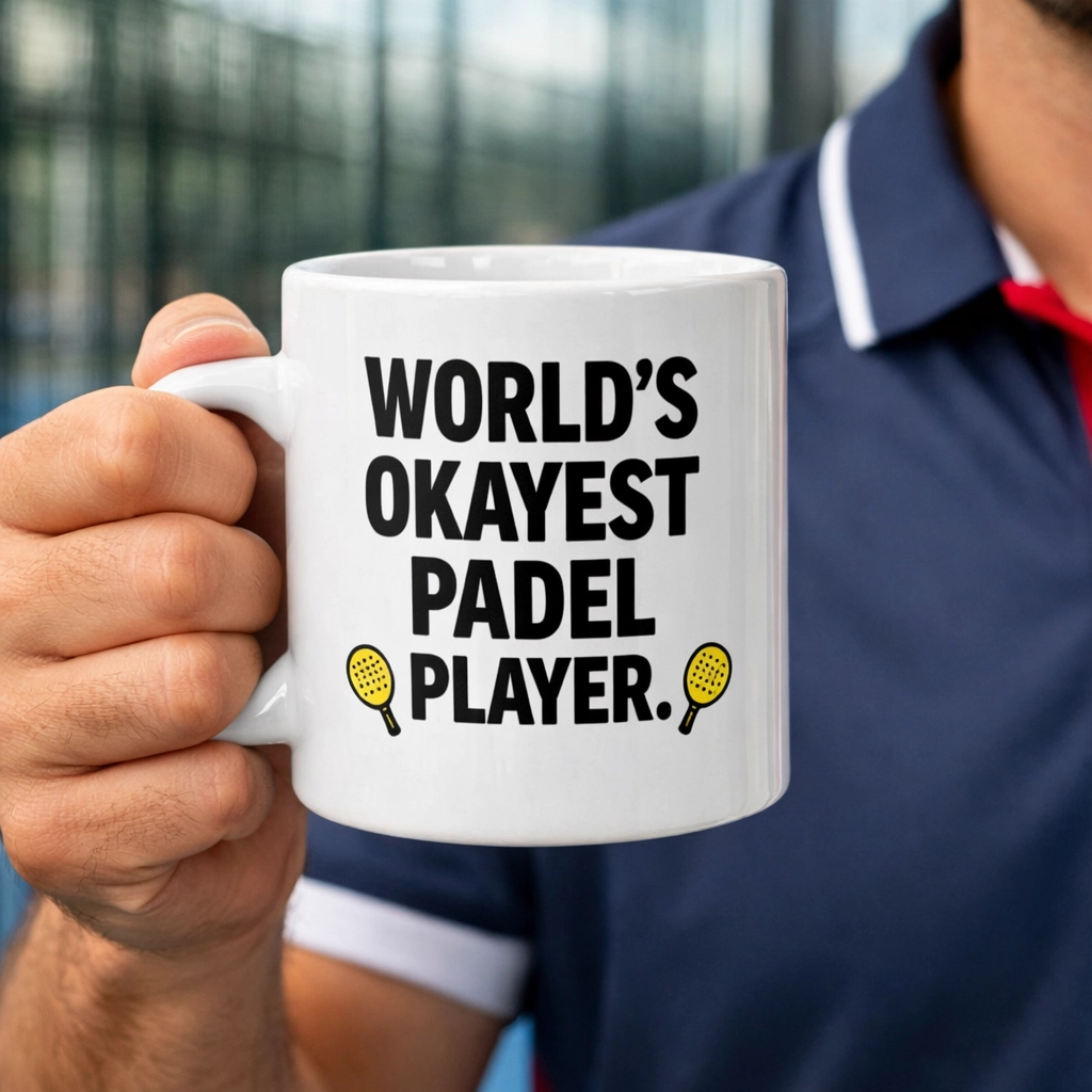 A man holding a funny World’s Okayest Padel Player mug at a Padel tennis club.