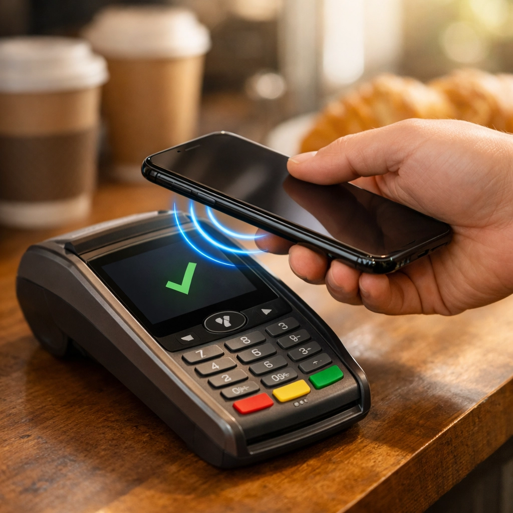 Contactless NFC crypto payment terminal for small business accepting cryptocurrency