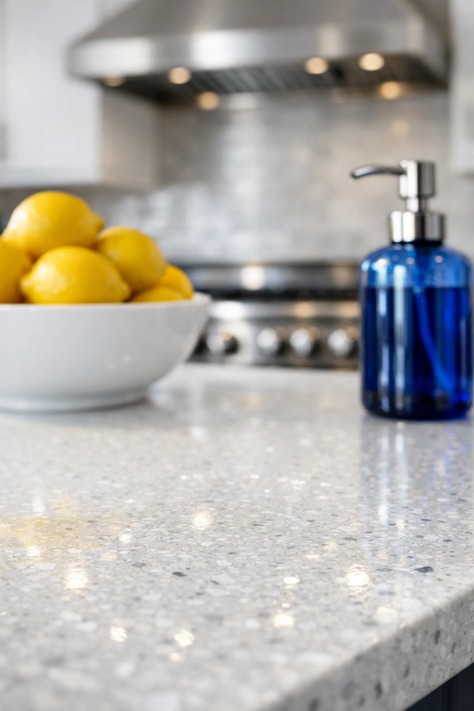 Detailed view of a sparkling clean kitchen countertop and range in a fresh Massachusetts apartment start.