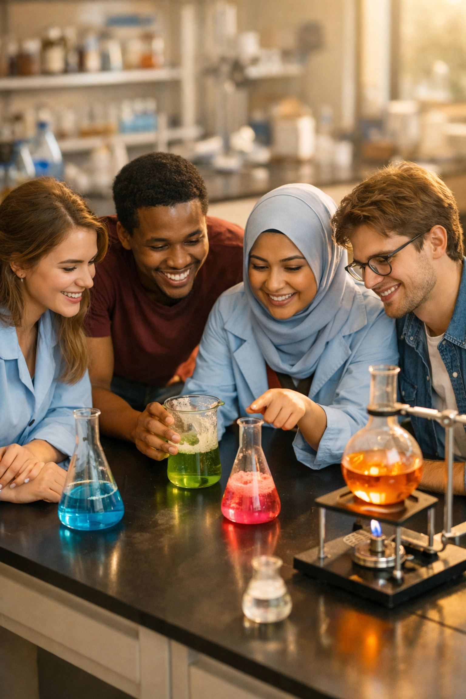 University chemistry students collaborating in laboratory at top UK institution