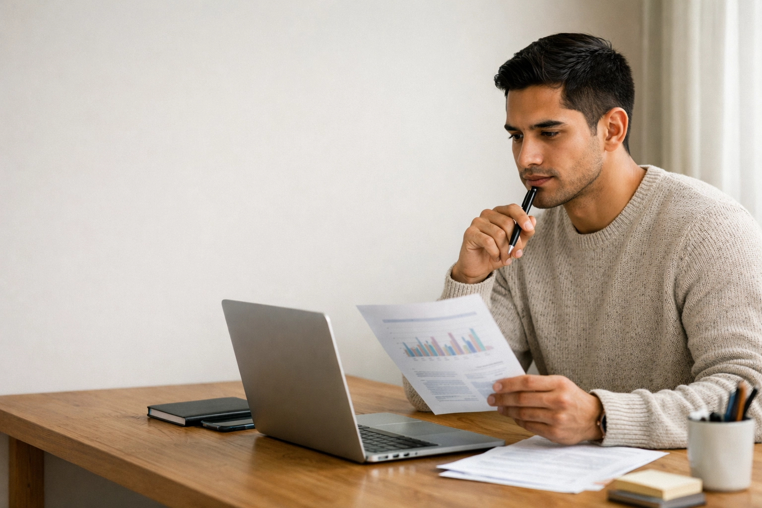Nonprofit leader comparing vendor quotes and market research data at a clean office desk.