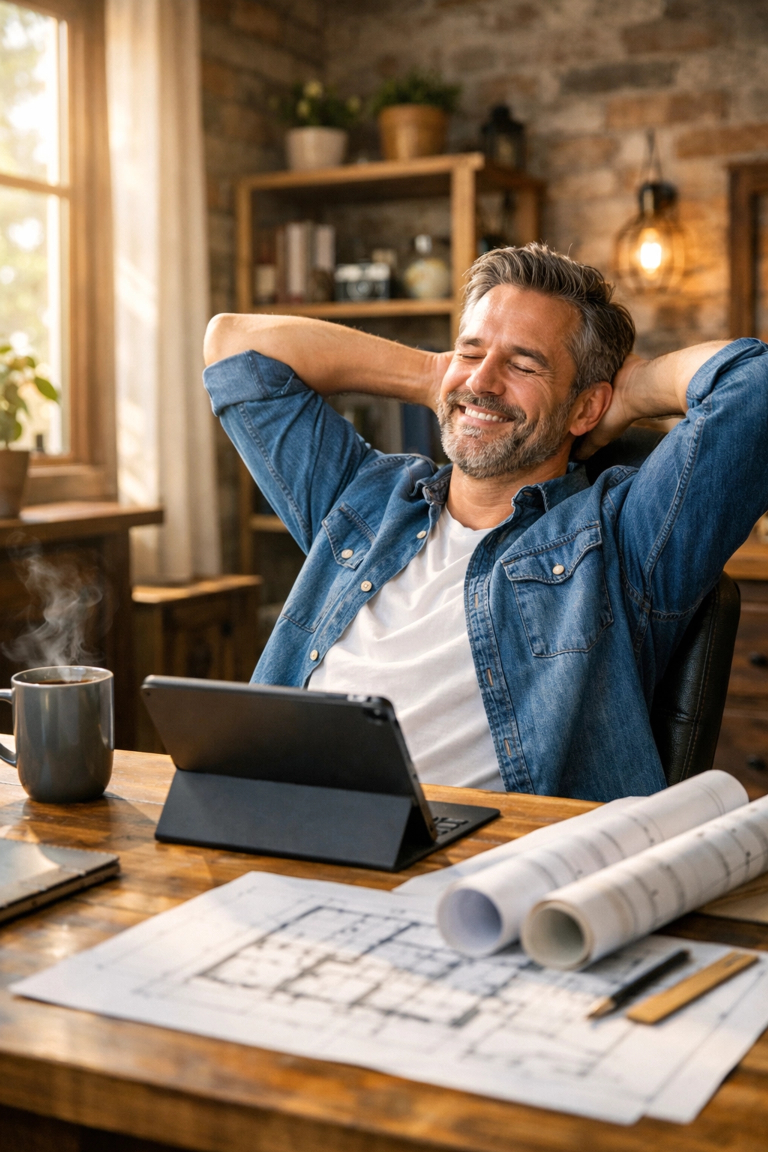 Relaxed small business owner in a home office after getting professional payroll support.