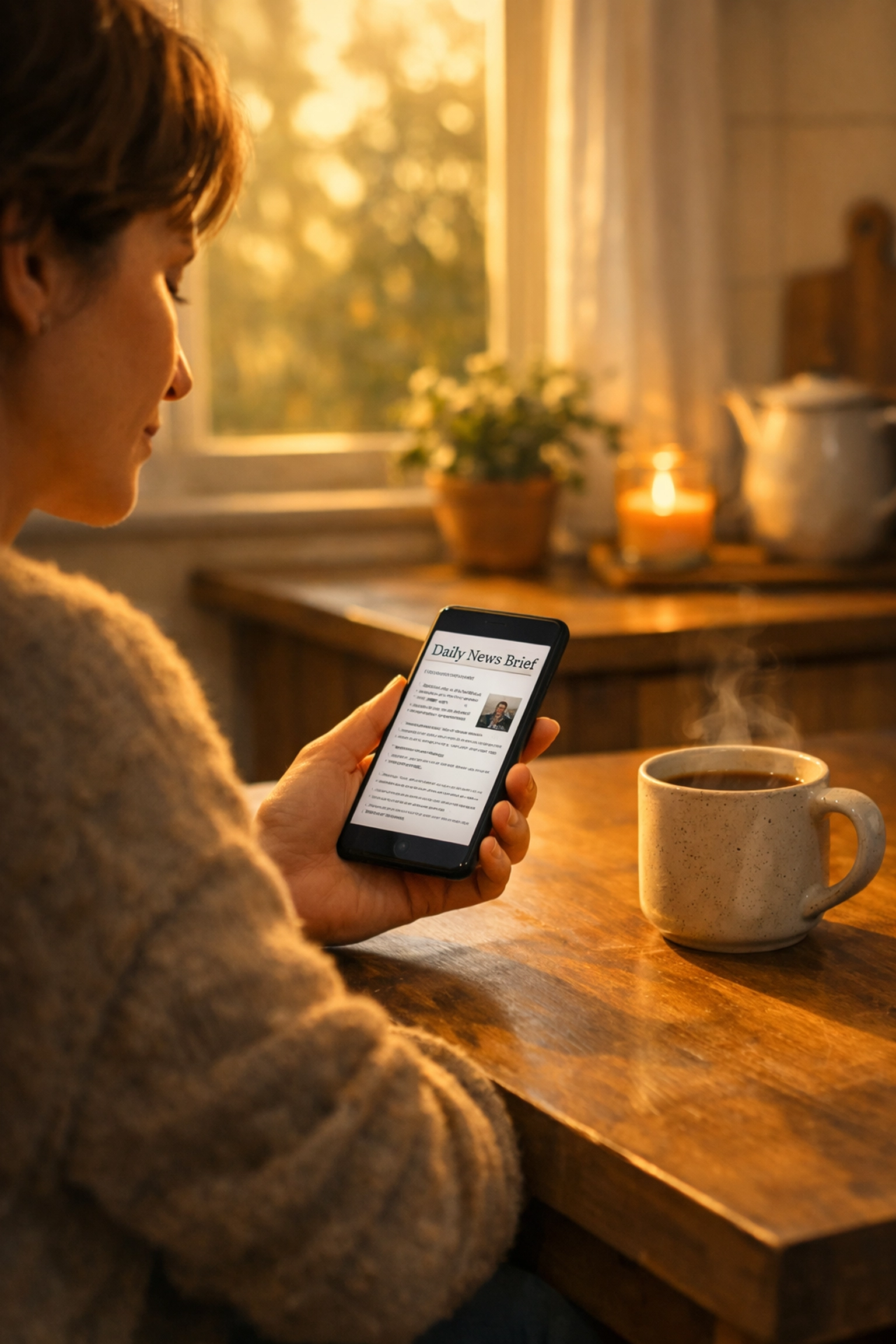 Person peacefully reading daily news brief on phone with coffee during evening hours