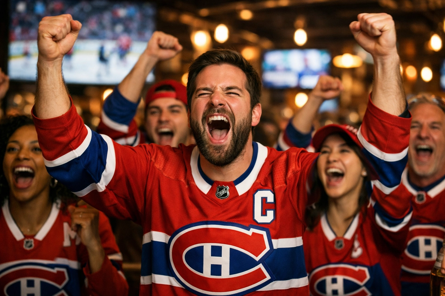 Enthusiastic Montreal Canadiens fans cheering in a crowded sports bar during a hockey game.