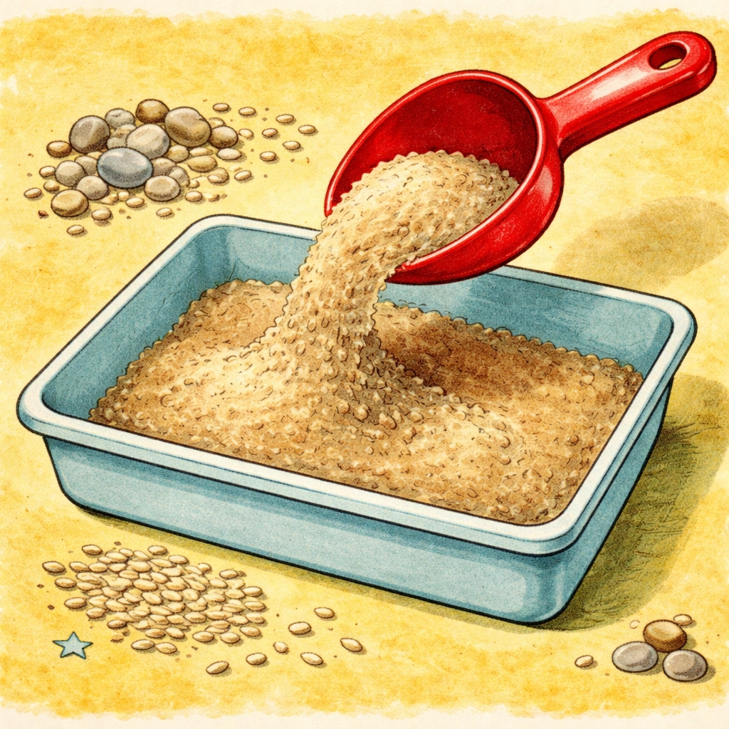 Pouring sand into a sensory bin on a table, preparing a hands-on construction play activity for children