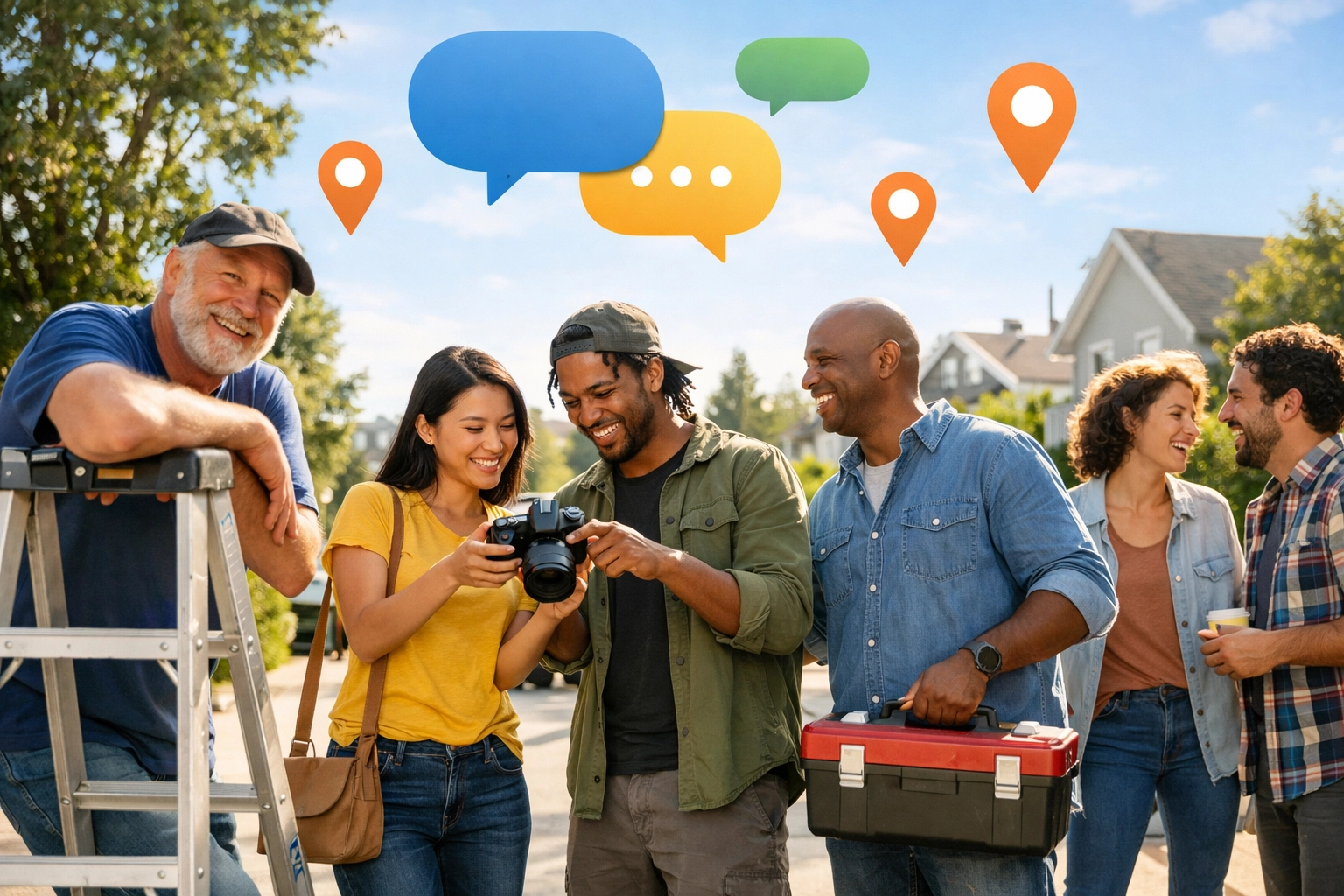 Neighbors laughing and sharing gear like a ladder and camera on a sunny sidewalk.