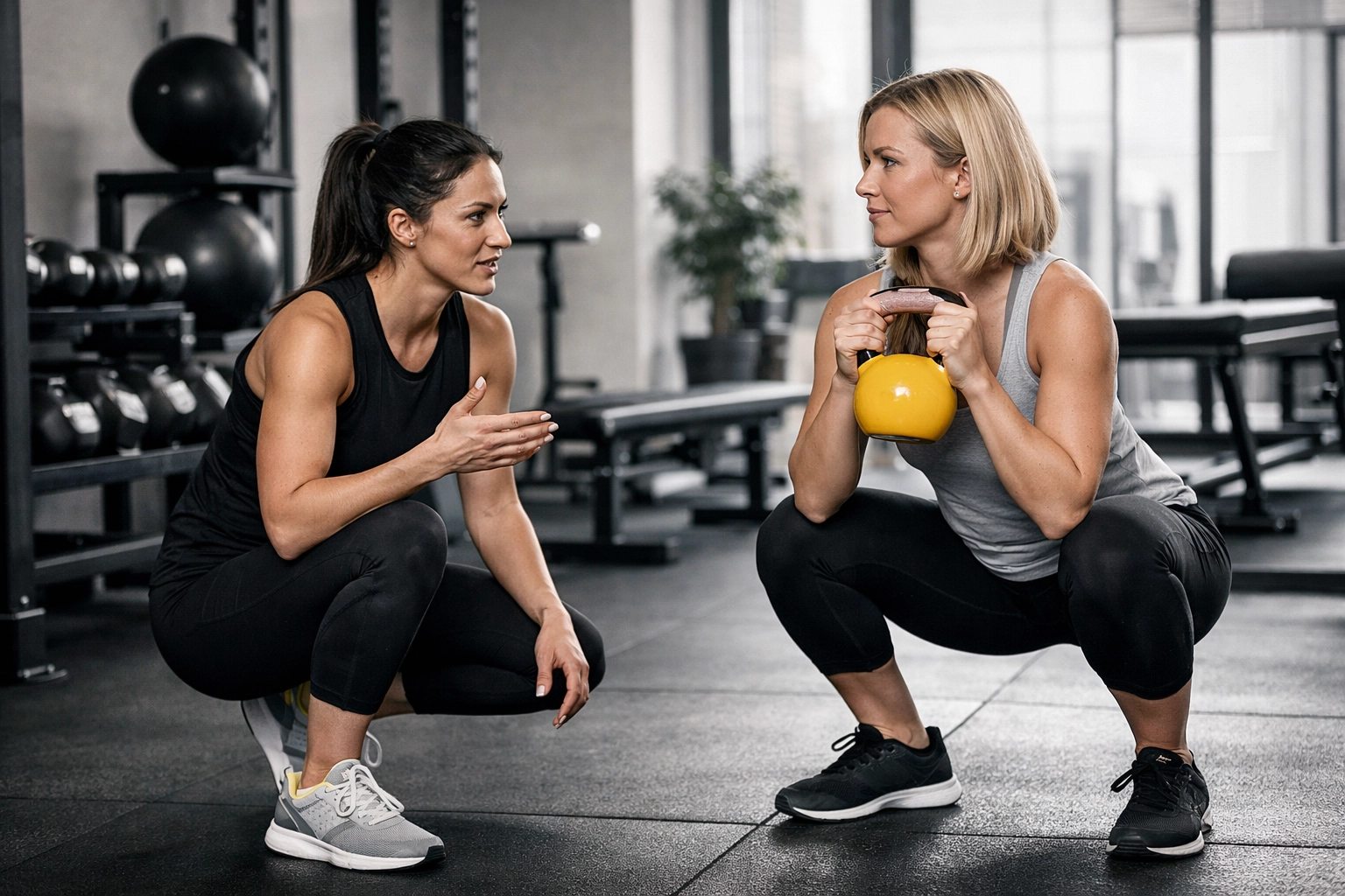 Modern boutique fitness studio interior in the UK with a professional coach working with a member in natural light.