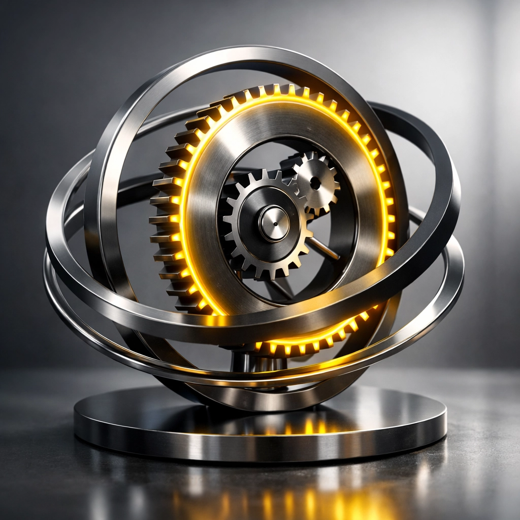 Modern interlocking gears symbolizing the Amazon flywheel effect and sustainable brand growth momentum.