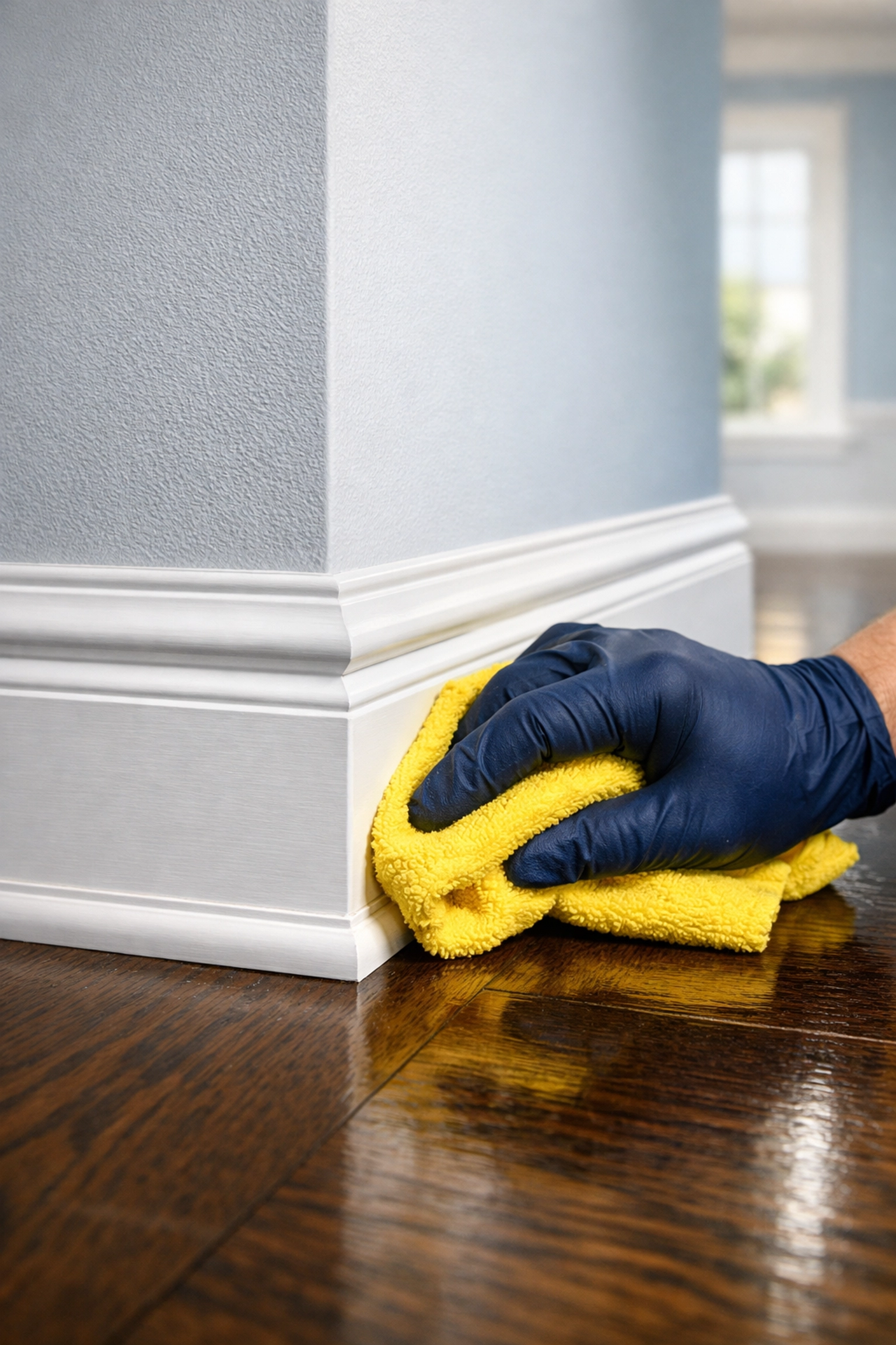 Professional cleaner wiping down baseboards during a deep move-in cleaning in Boston.