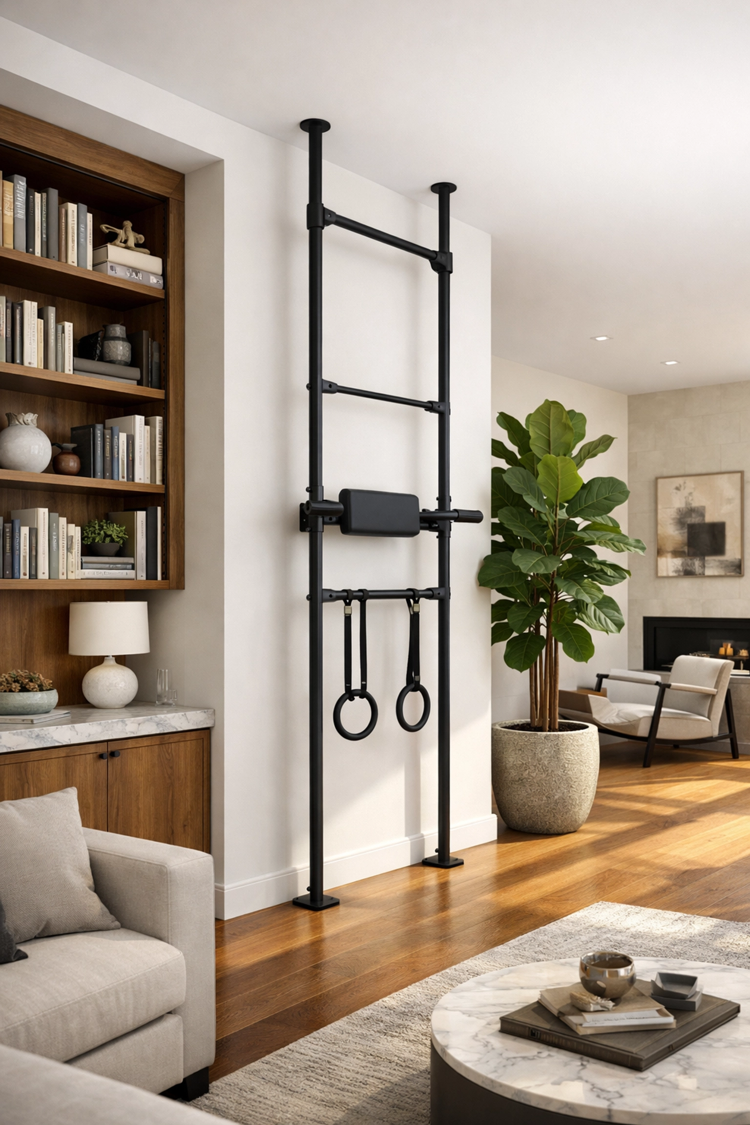 A floor to ceiling gym rail in a modern living room showing a no wall damage workout system.