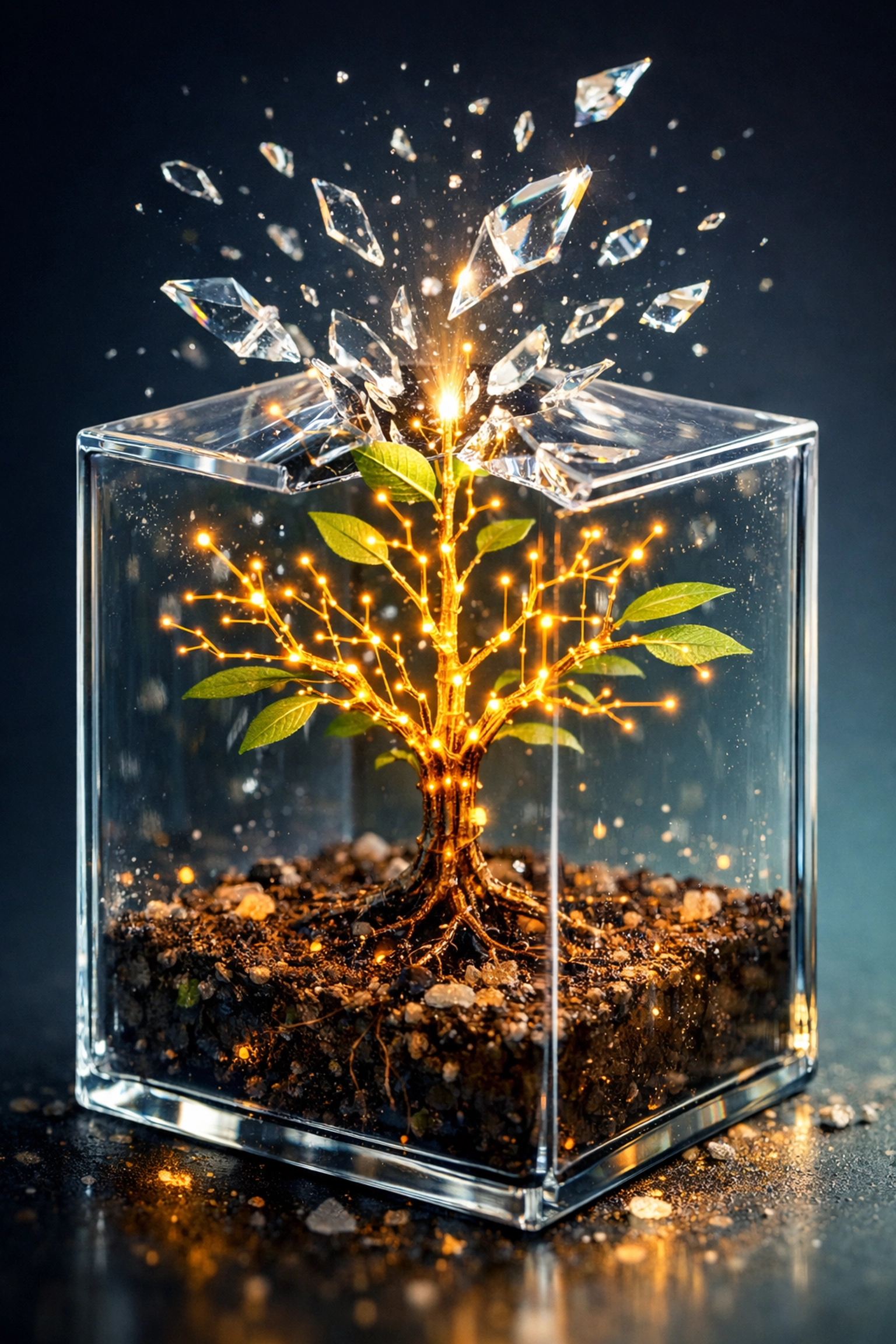 Scalable business systems represented by a digital sapling breaking through a glass ceiling to achieve growth.