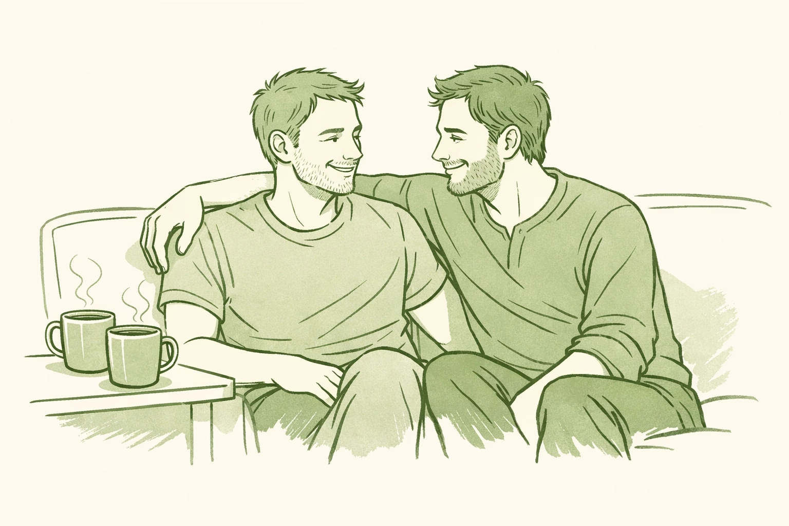 Two male best friends sharing an intimate moment on a couch in MM romance friendship dynamic