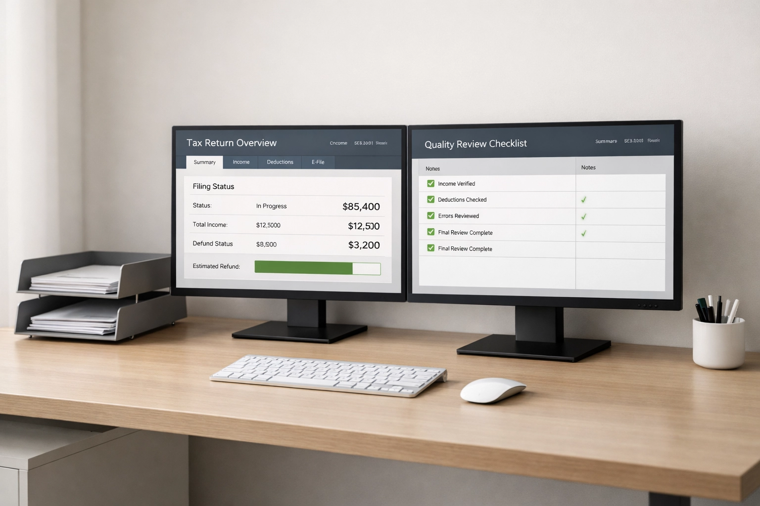 Dual monitor tax software setup for processing and reviewing high-volume electronic returns