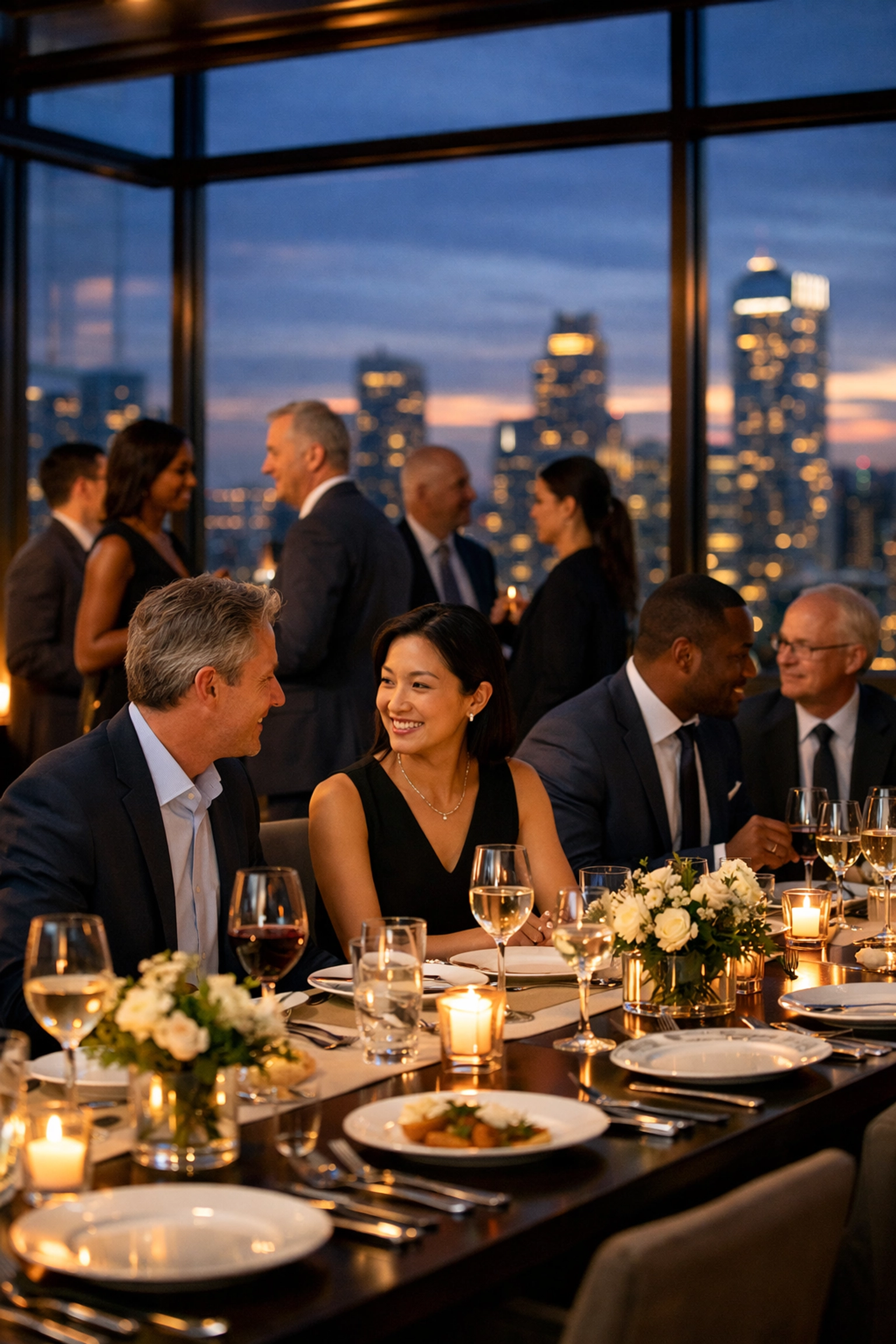 Elegant corporate networking dinner for executives building business partnerships during a major sports event.