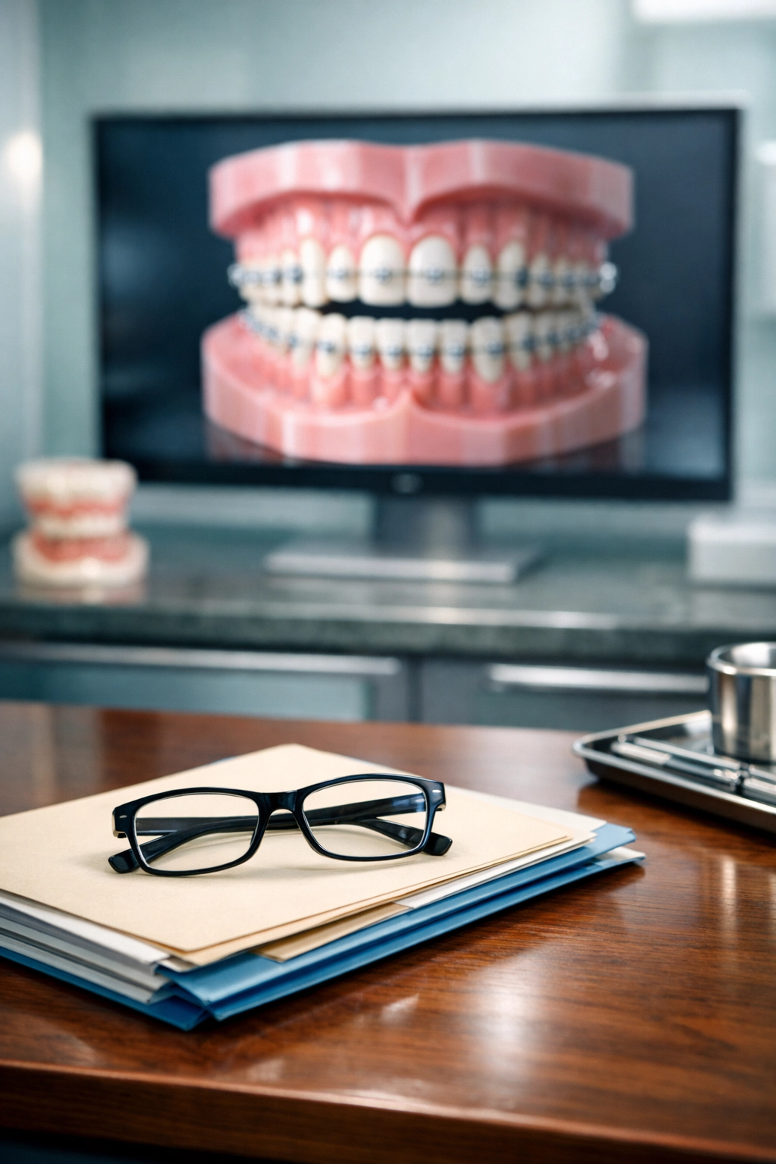 Clinical documentation and dental scans in an orthodontic office highlighting accurate record keeping.