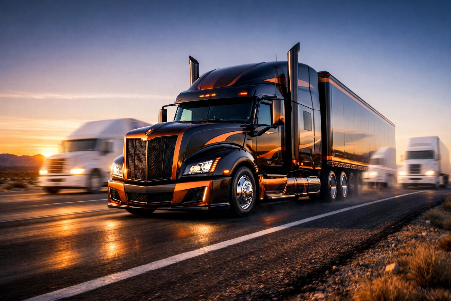 Custom-branded trucking company semi-truck standing out from generic white trailers on an open highway.