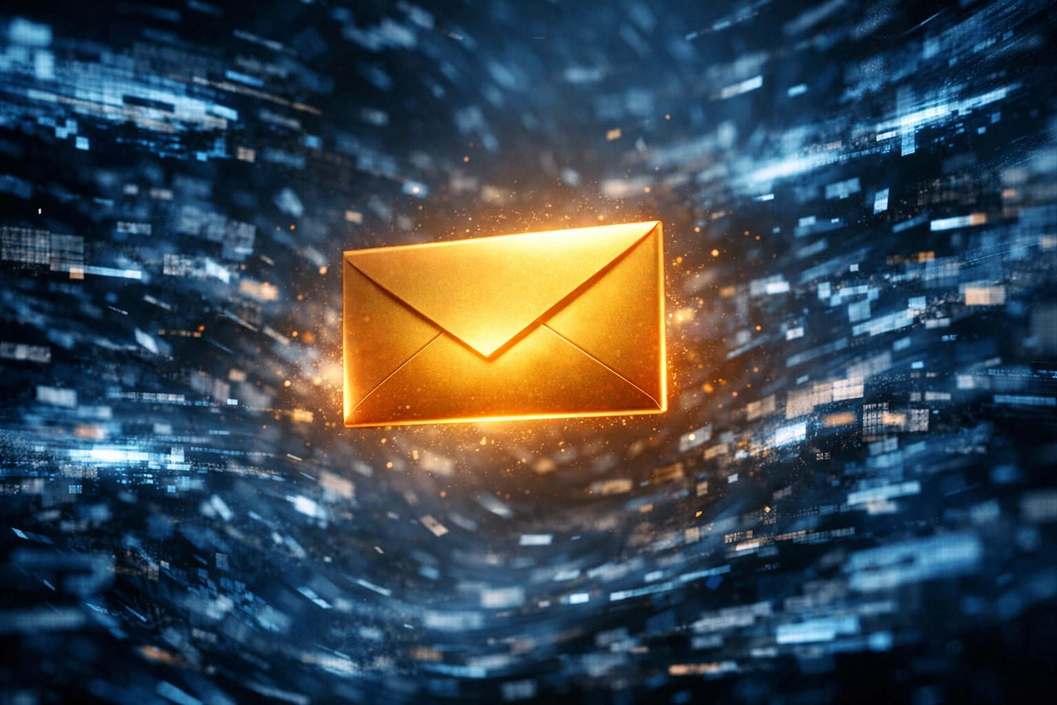 A glowing email envelope cutting through digital clutter, symbolizing personalized lead nurturing.