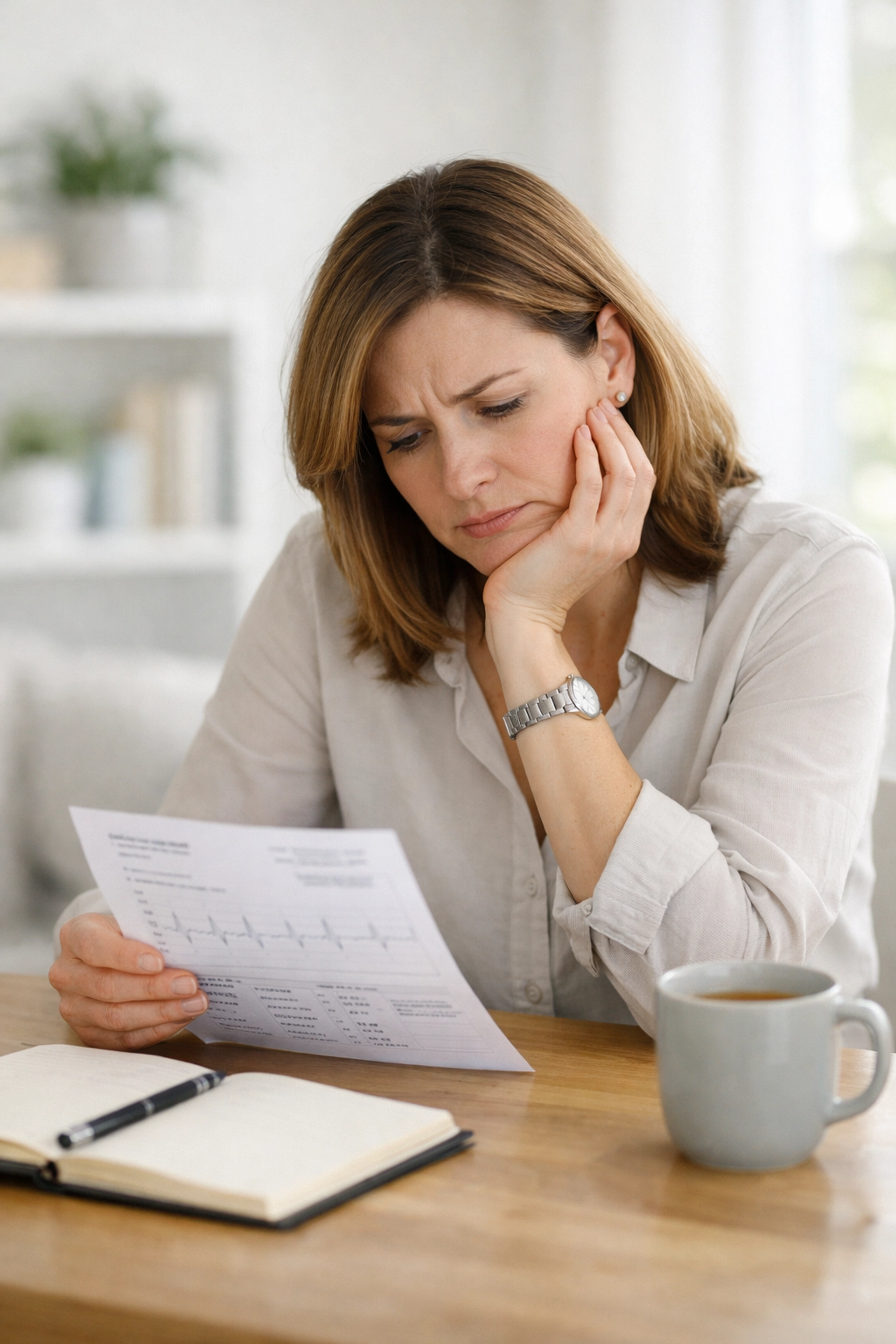 Frustrated professional woman reviewing normal hormone test results during perimenopause. Frustrated professional woman reviewing normal hormone test results during perimenopause.