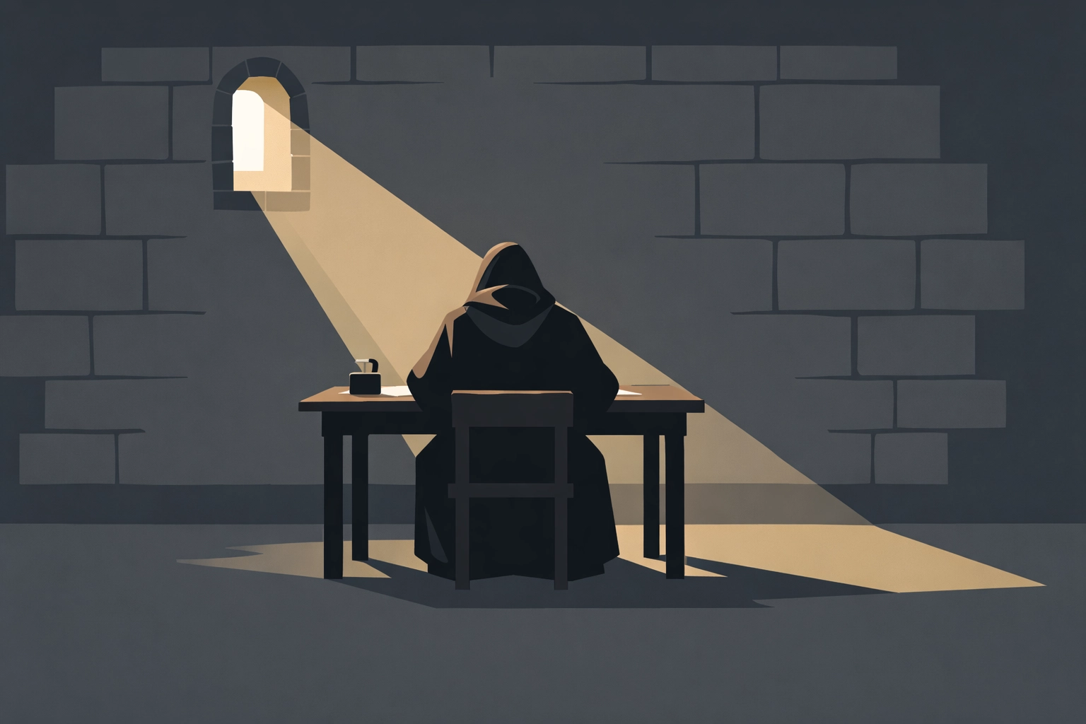 Monk examining ancient Greek and Latin scripture parchment by candlelight