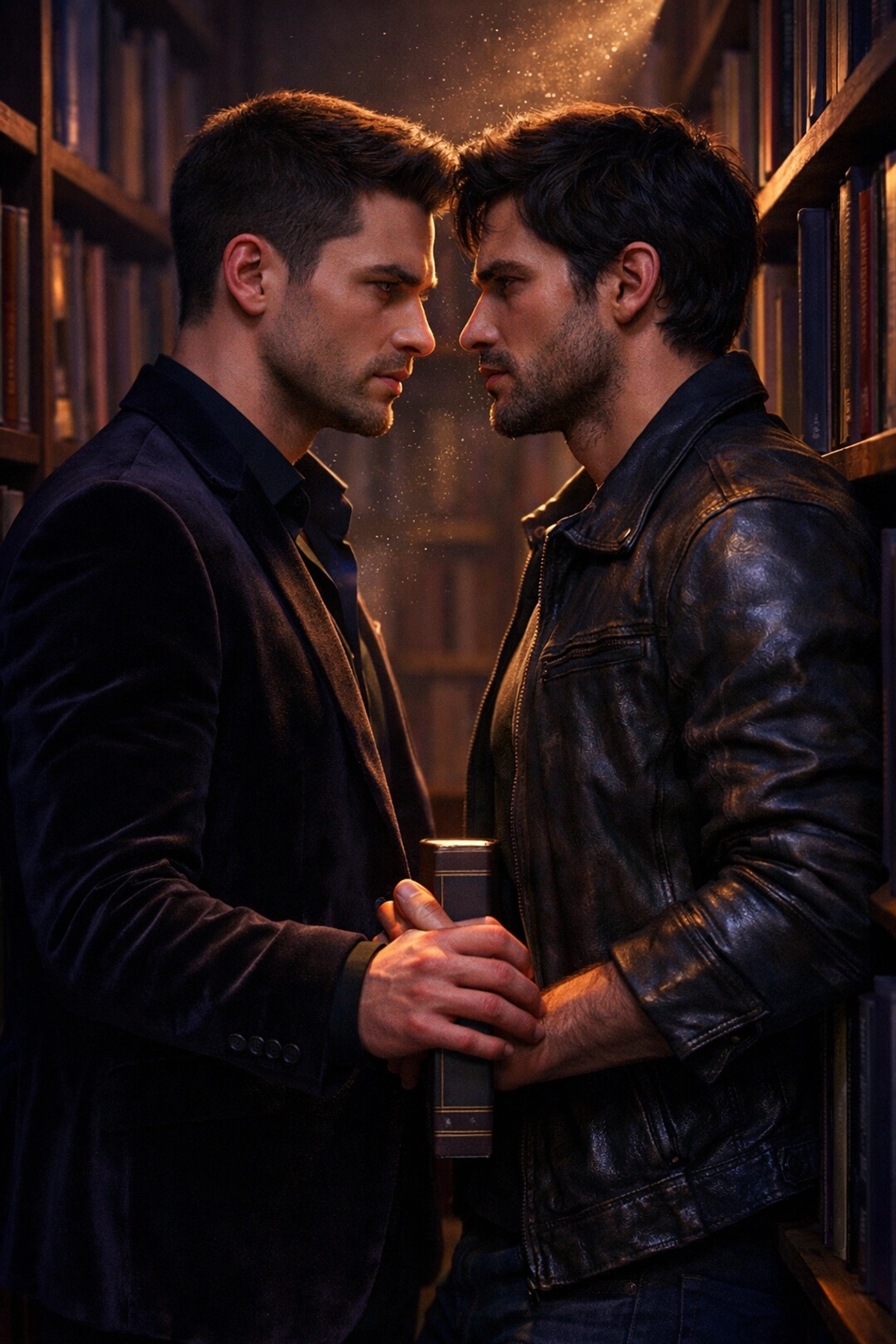 Two men sharing a romantic moment in a library, illustrating the enemies to lovers MM romance trope.