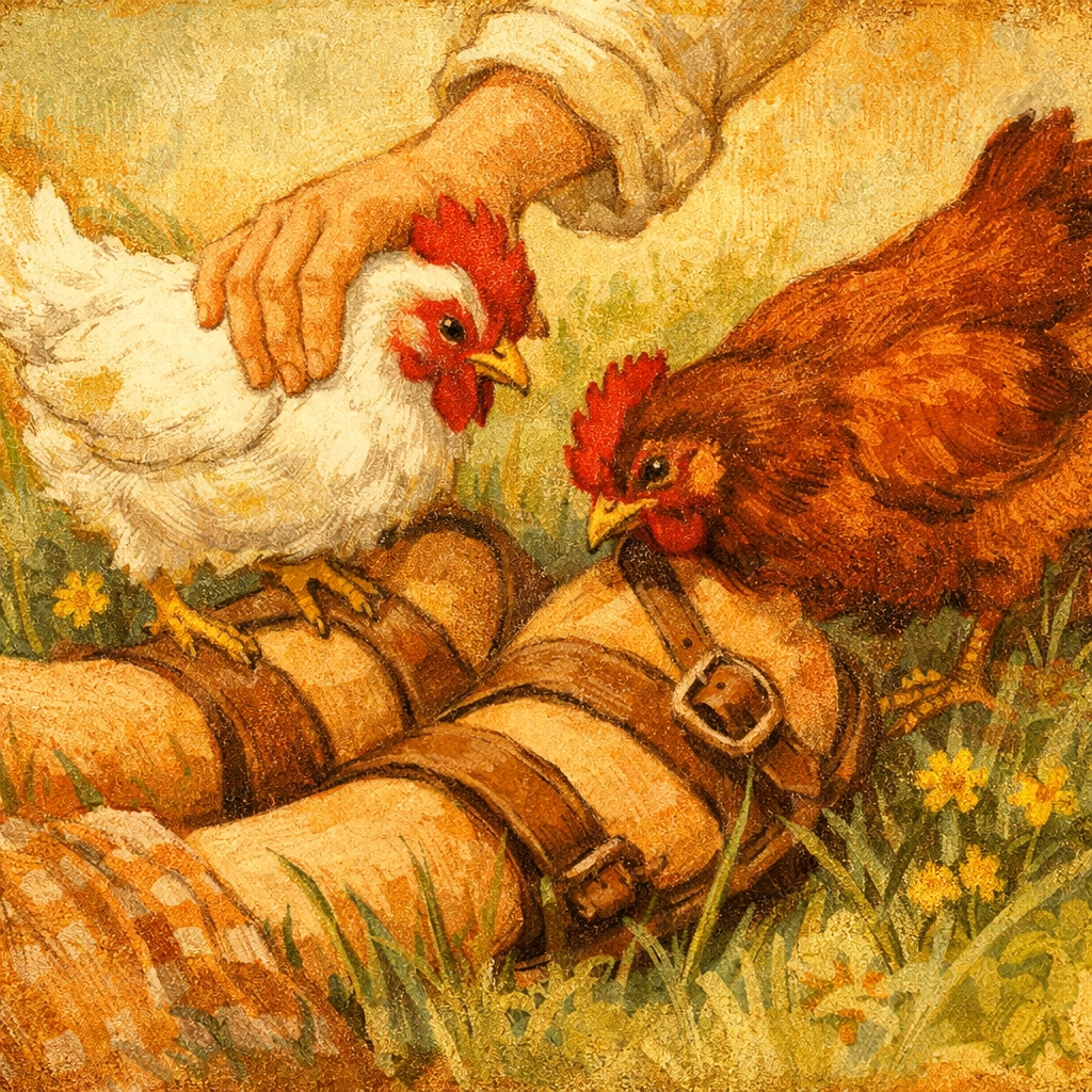 White Leghorn and Rhode Island Red hens pecking at sandals in a grassy pasture at Faithful Flock Farm.