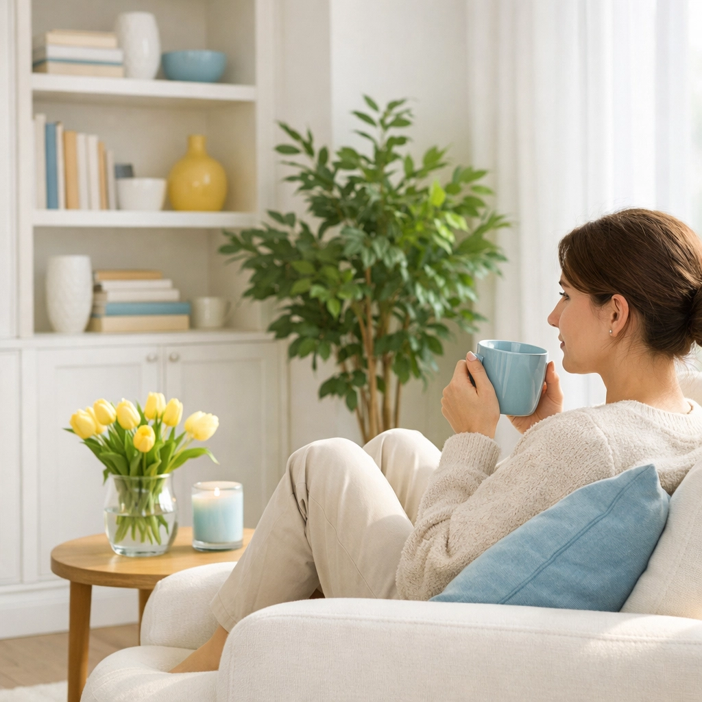 A woman relaxing in a clean, dust-free residential home in Natick after professional cleaning services.
