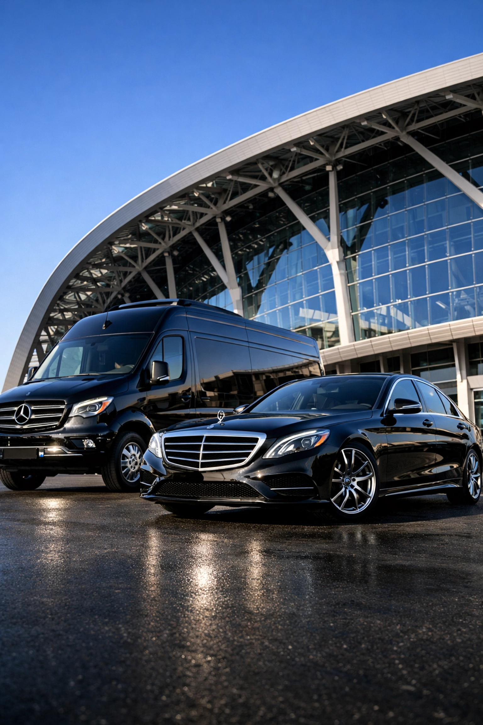 Luxury executive sprinter van and sedan at a stadium entrance for branded corporate transportation.