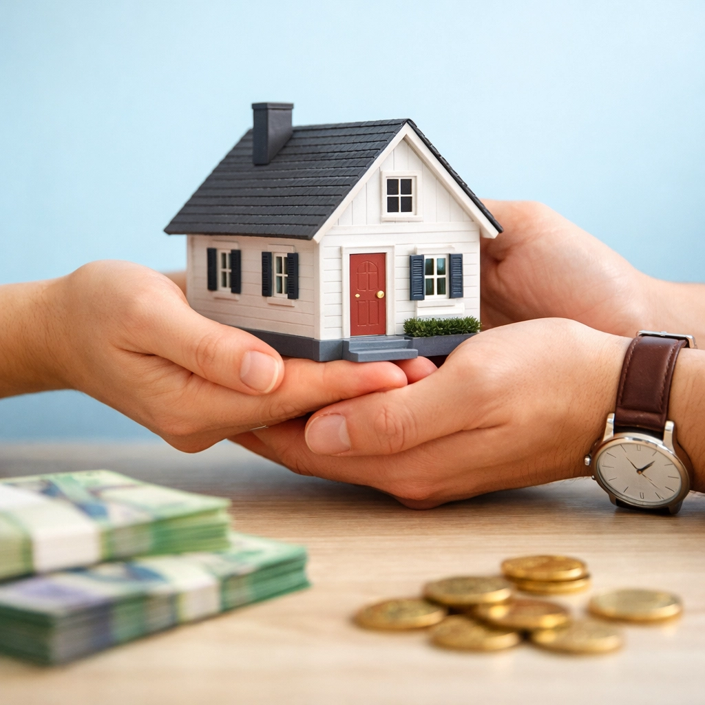Hands holding model house with Canadian cash representing first-time buyer down payment savings