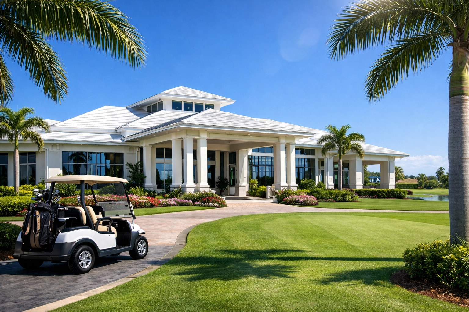 Luxury golf community clubhouse in Southwest Florida with manicured fairways and palm trees