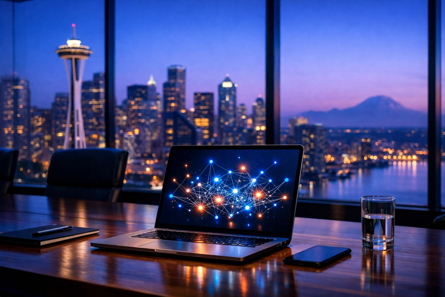 High-speed business fiber internet powering a modern Seattle boardroom with skyline views.