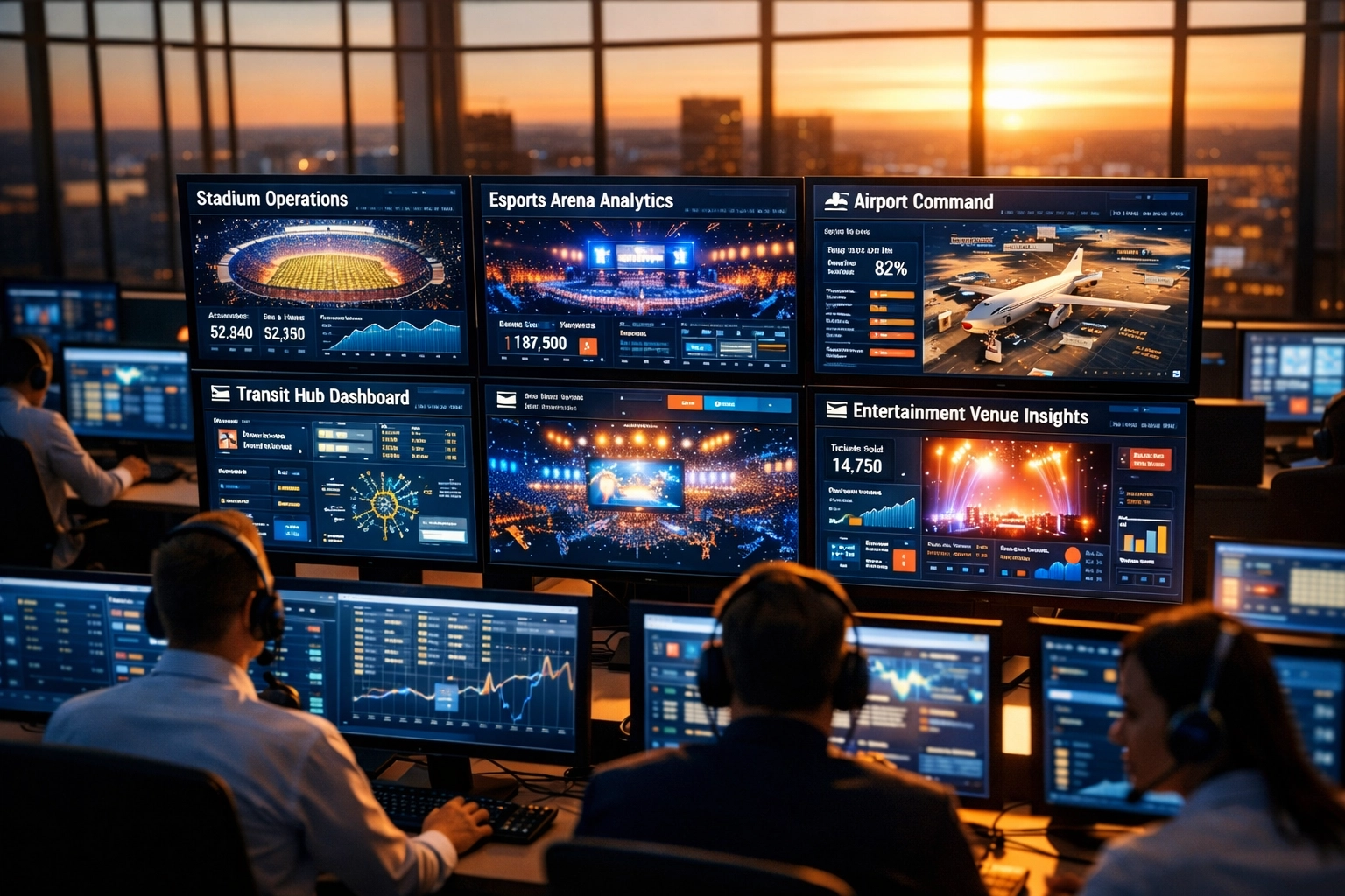 Automated press release command center with multiple monitors displaying Dakdan's 12 industry dashboards