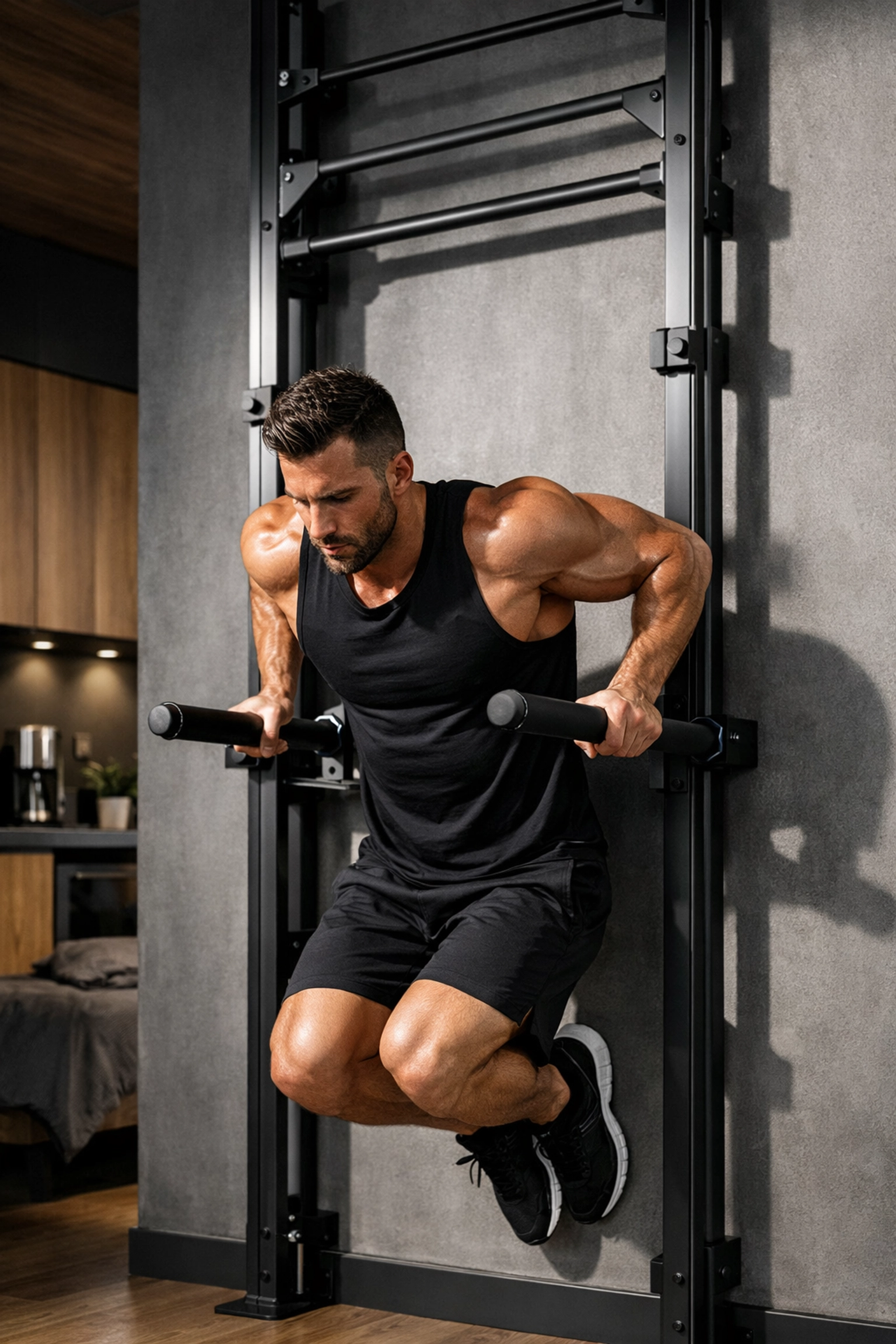 Parallel bar dips on apartment calisthenics equipment showing full range of motion