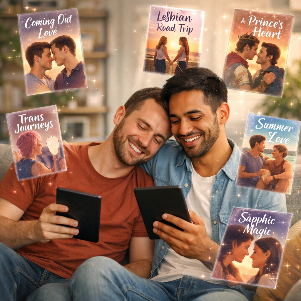 Gay couple reading MM romance ebooks with authentic LGBTQ+ stories