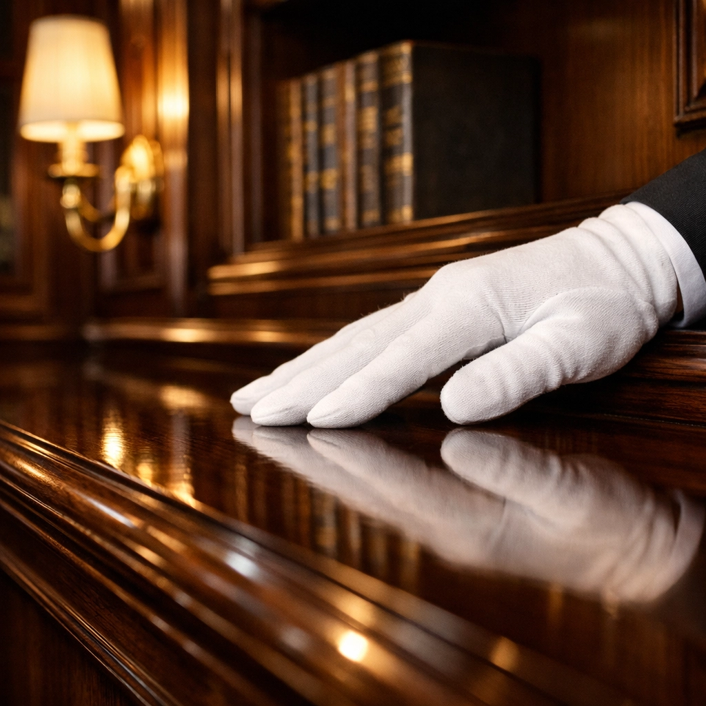 White-glove inspection of polished walnut cabinetry after luxury post-construction deep cleaning.