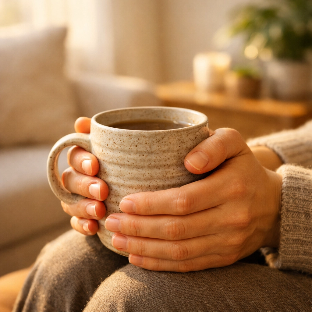 A person feeling grounded and calm in a supportive recovery environment, holding a warm mug.