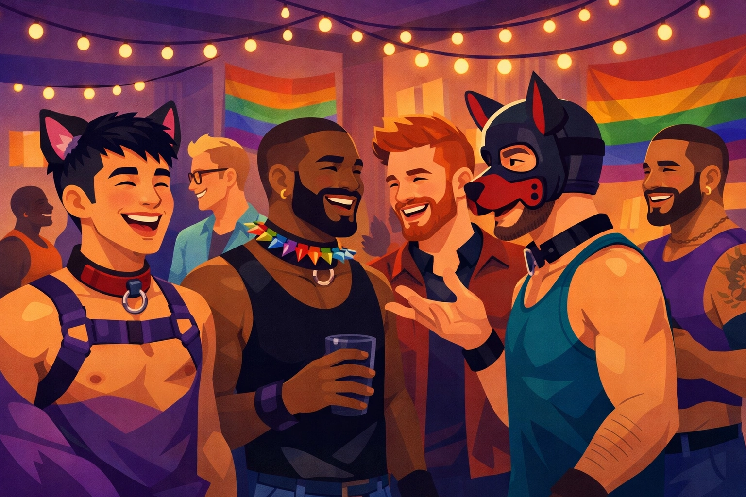 LGBTQ+ community gathering with queer men celebrating puppy play culture together