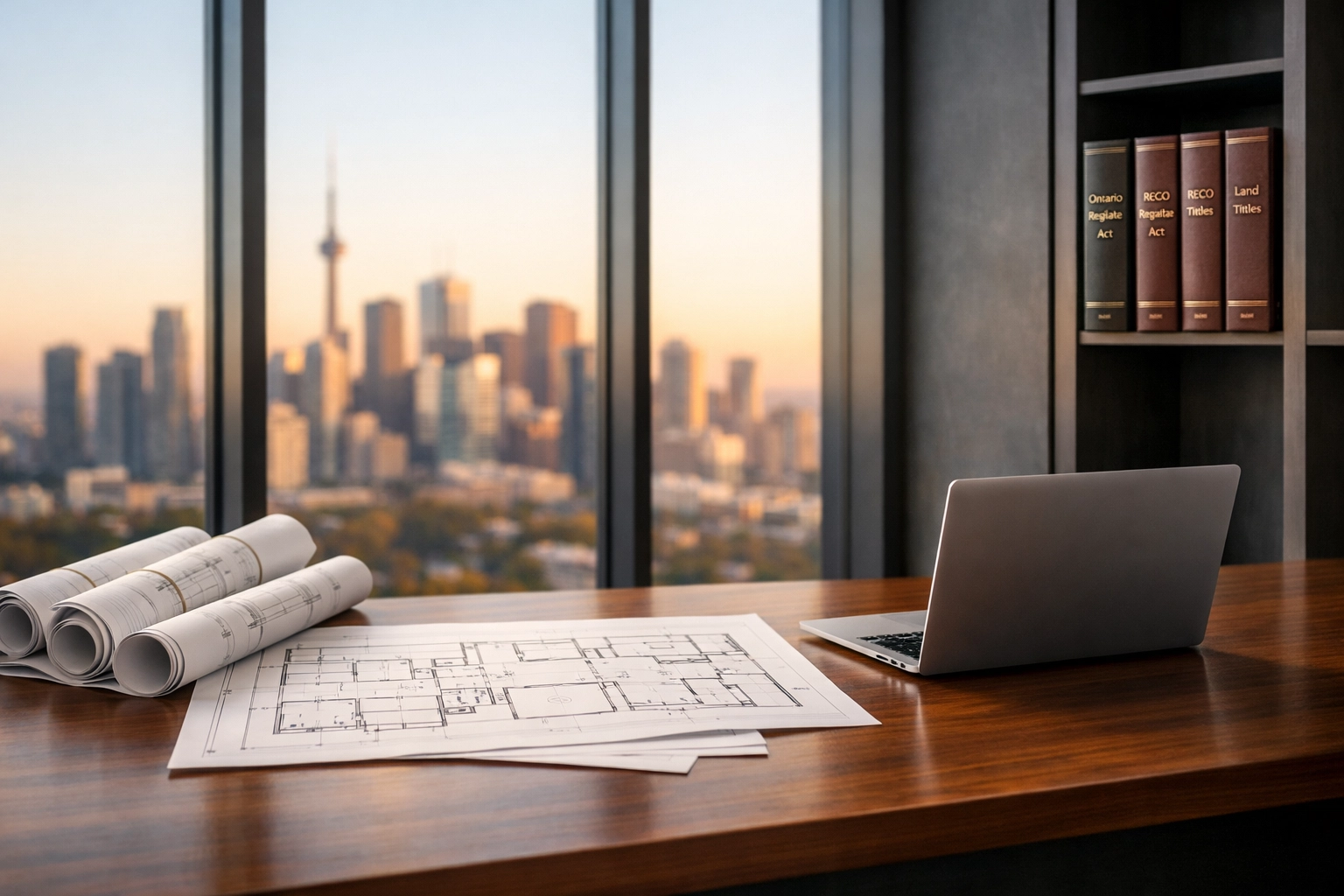 Modern Ontario real estate office overlooking the GTA skyline