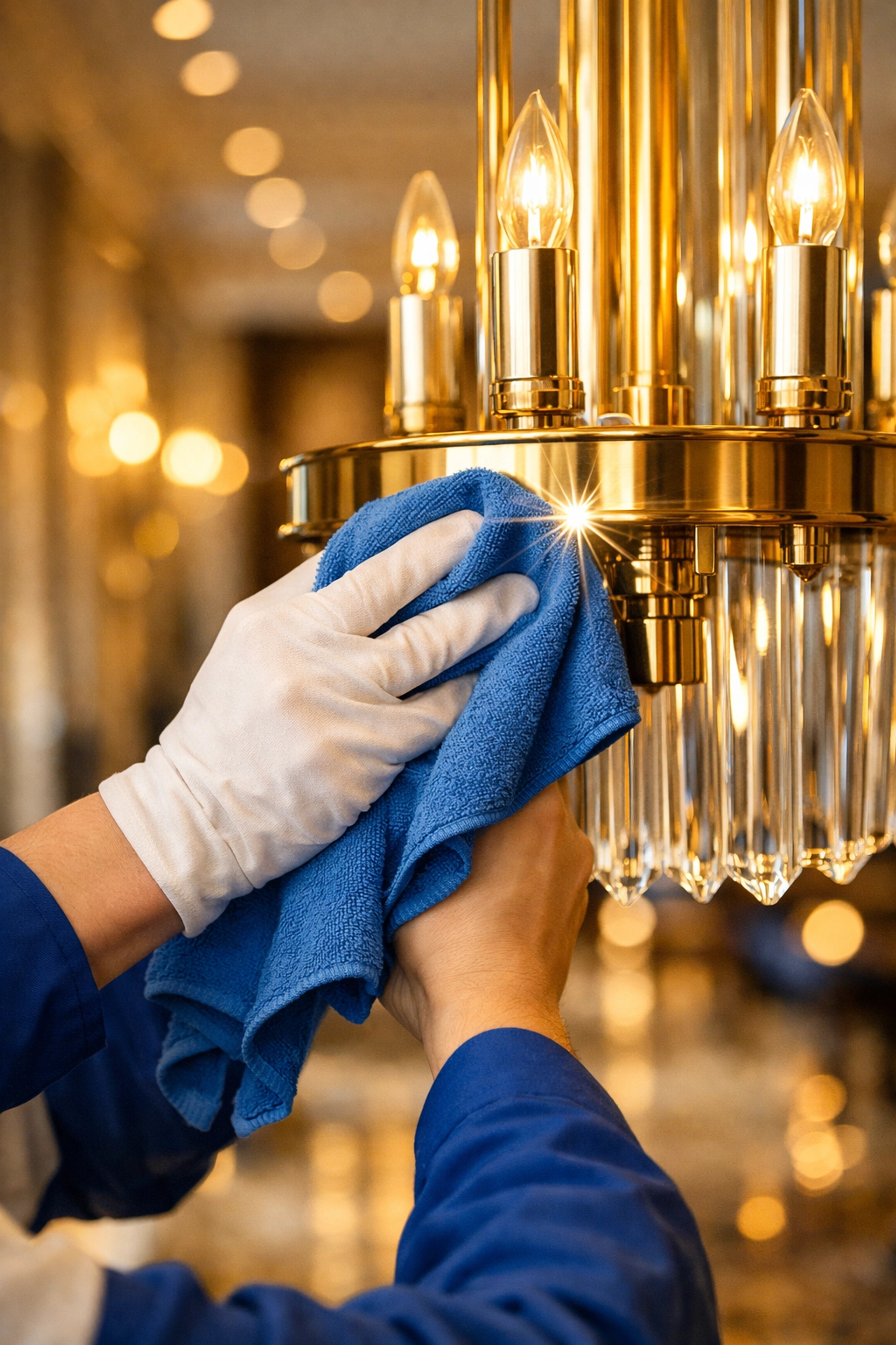 Detailed luxury cleaning in Dover focusing on polishing designer fixtures with high-quality microfiber cloths.