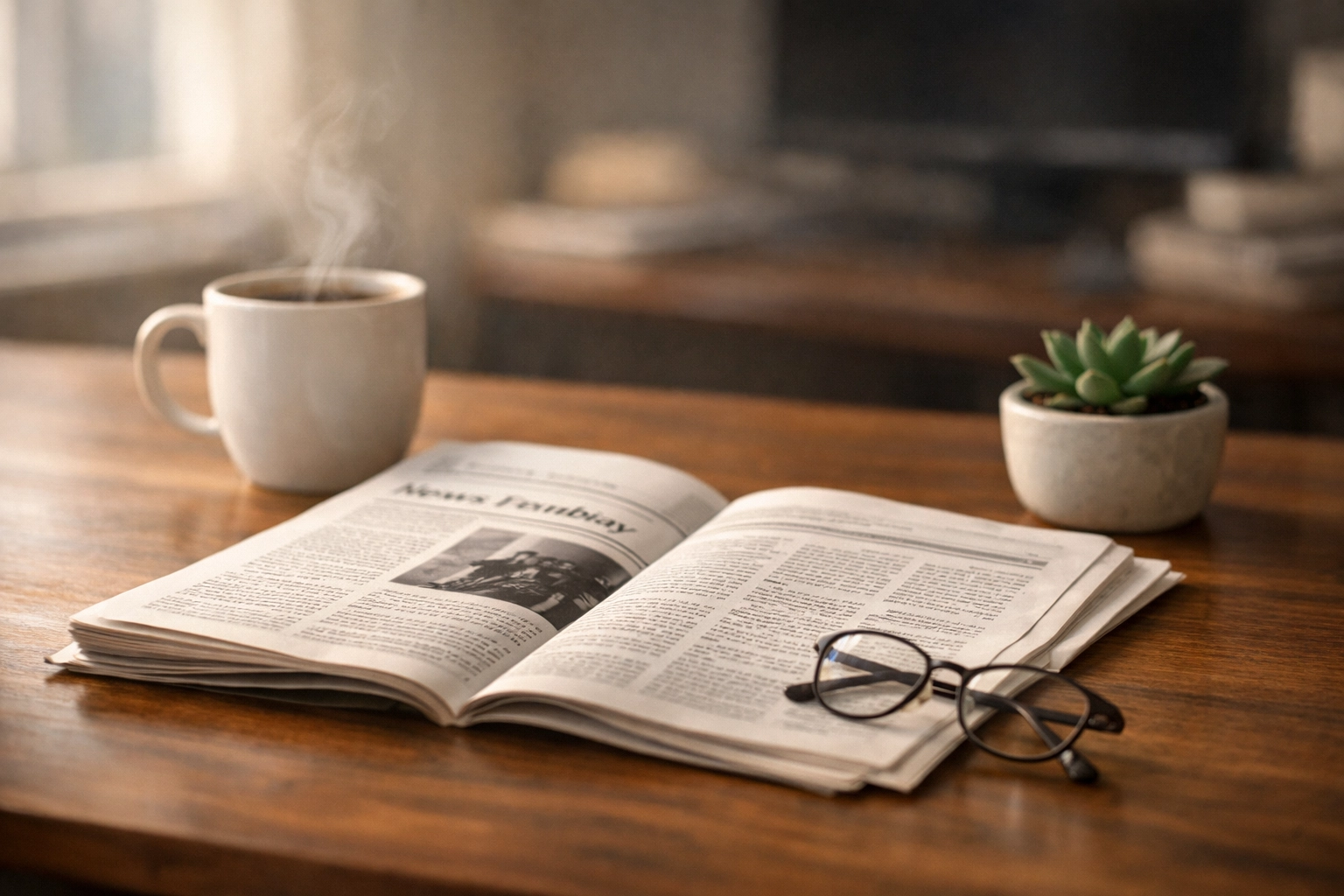 Peaceful newsroom desk with newspaper and coffee representing intentional news consumption