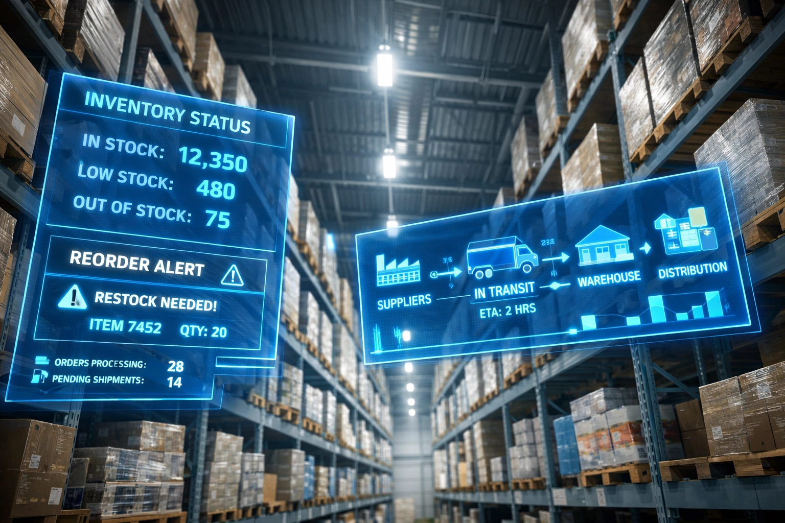 Smart inventory management system with real-time stock monitoring in modern warehouse