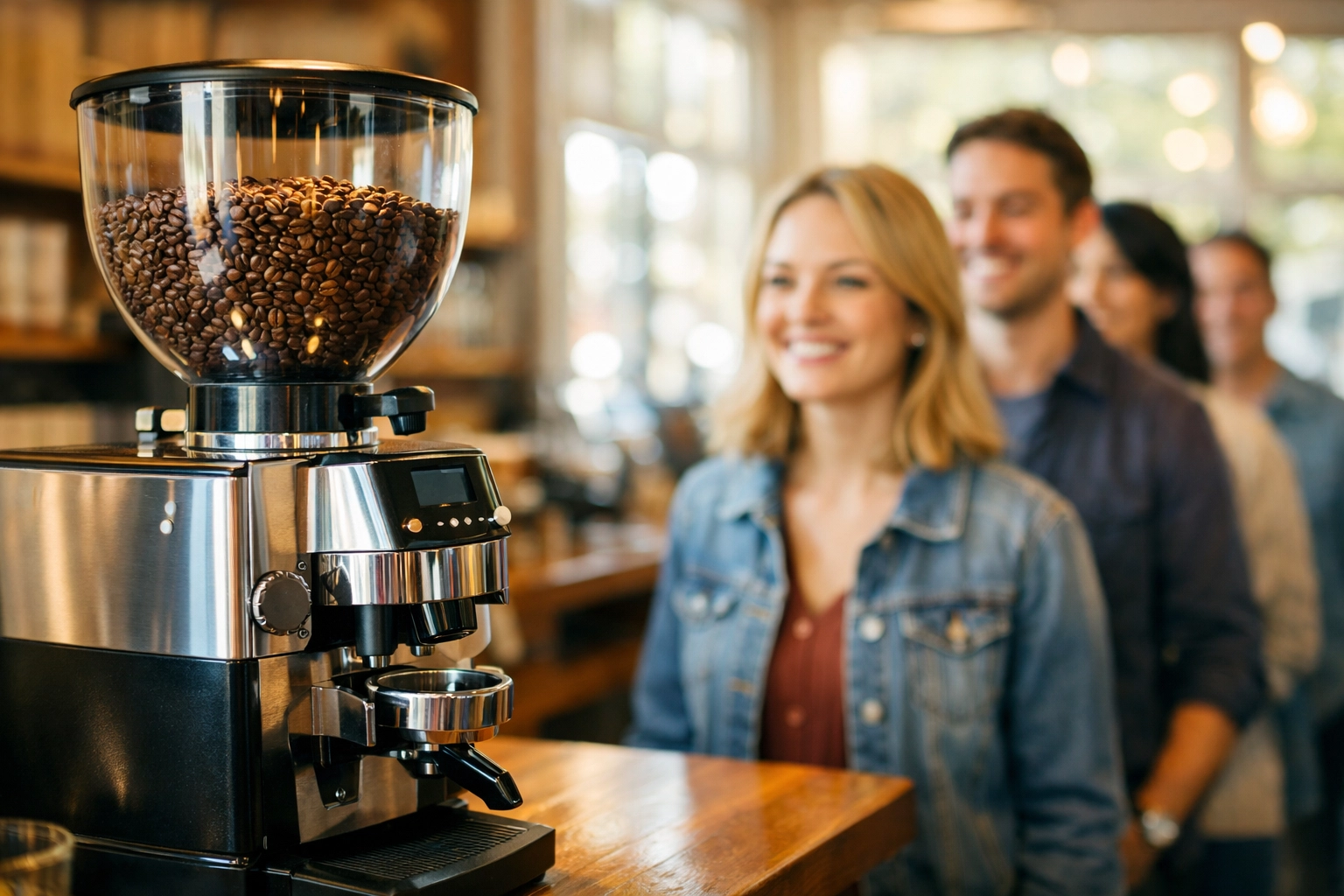Commercial coffee grinder with satisfied customers in specialty coffee shop