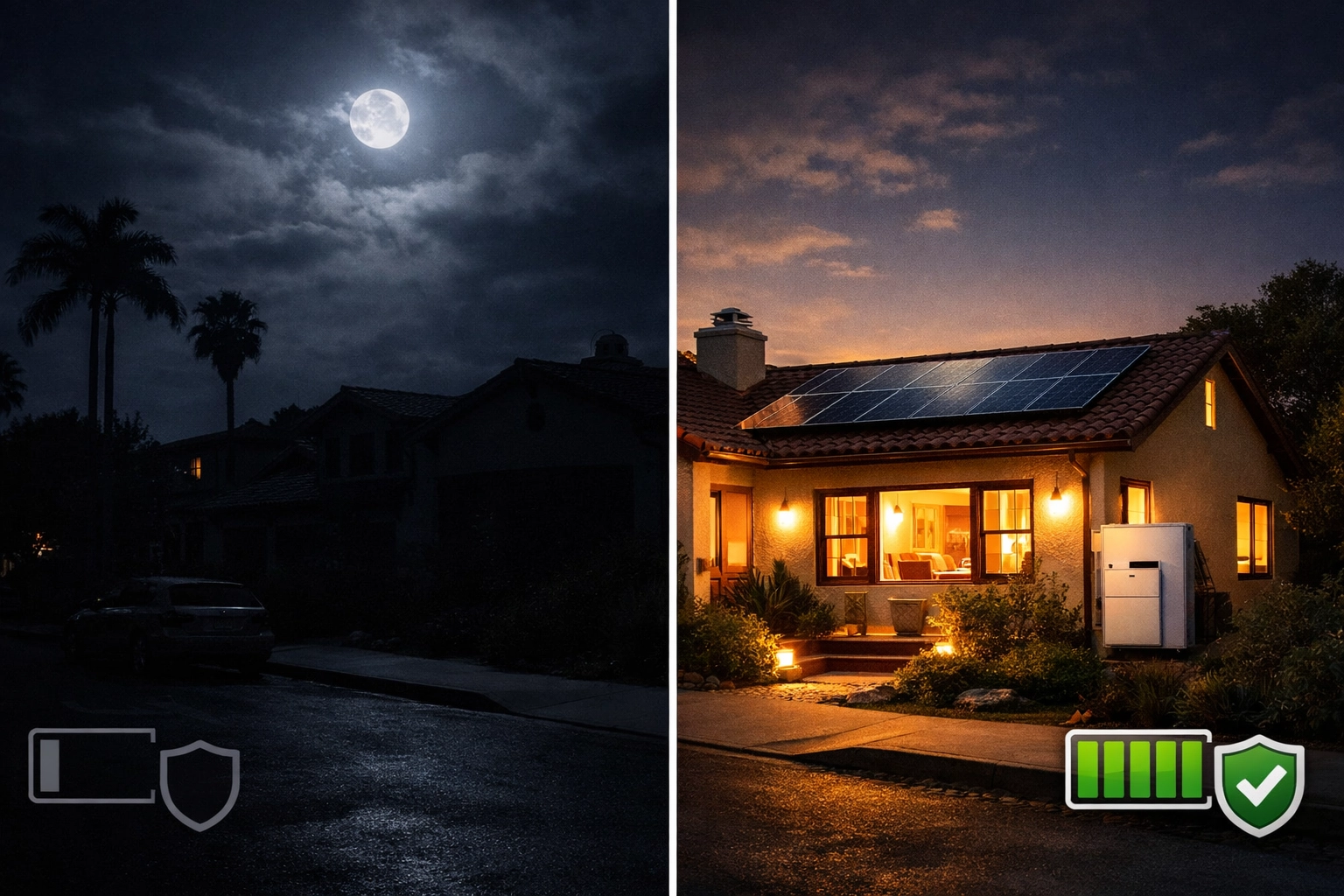 Santa Barbara neighborhood during power outage with one home lit by solar battery backup system